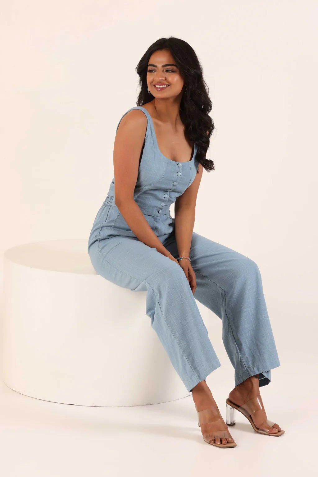 Cotton Slub Co-Ord Set with Sleeveless Crop Top & High-Waisted Pants