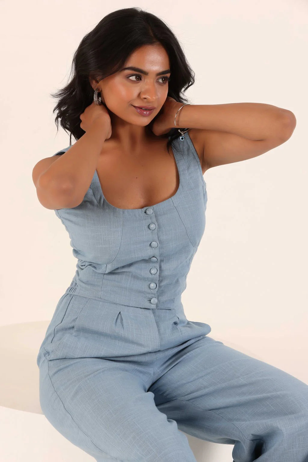 Cotton Slub Co-Ord Set with Sleeveless Crop Top & High-Waisted Pants