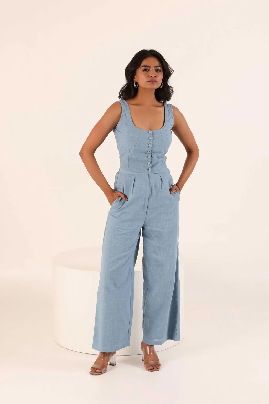 Cotton Slub Co-Ord Set with Sleeveless Crop Top & High-Waisted Pants