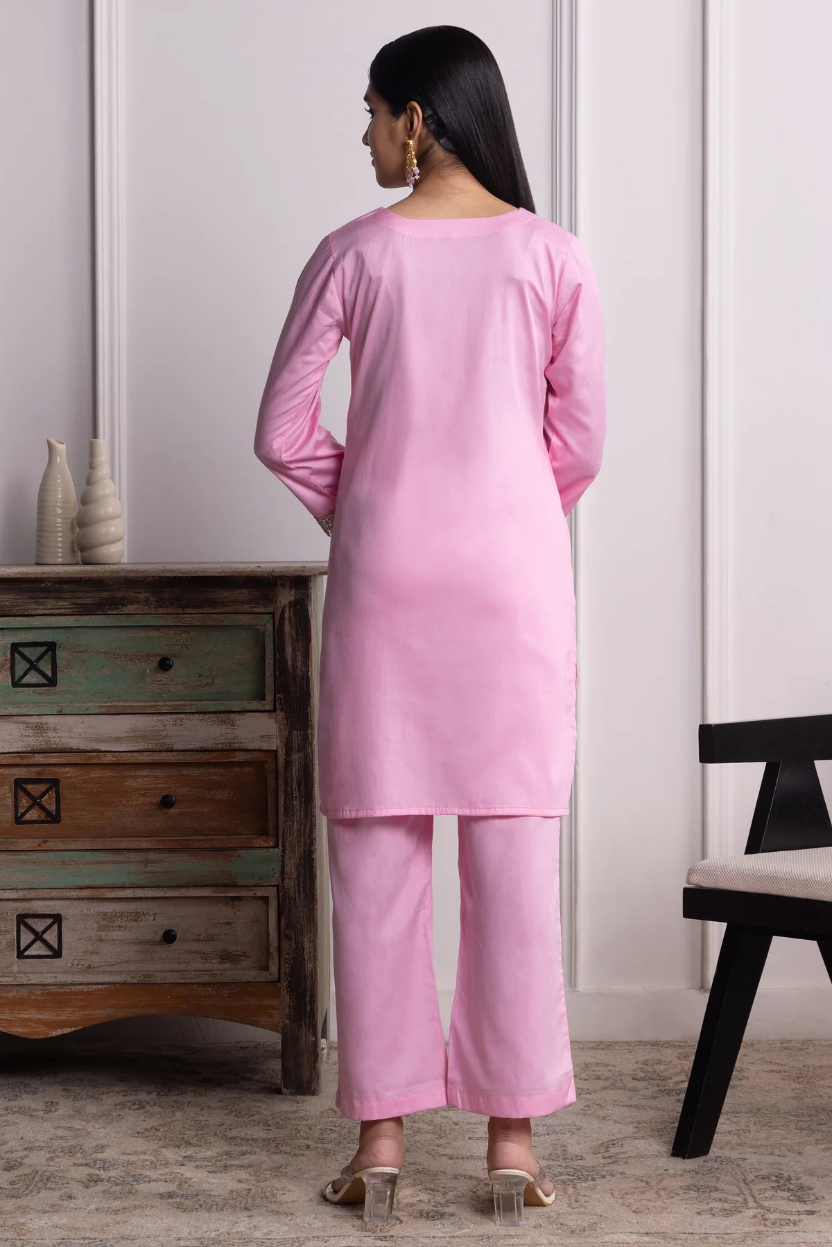 Nitya Cotton Kurta Pant Set with Handcrafted Lace & Sequin Accents