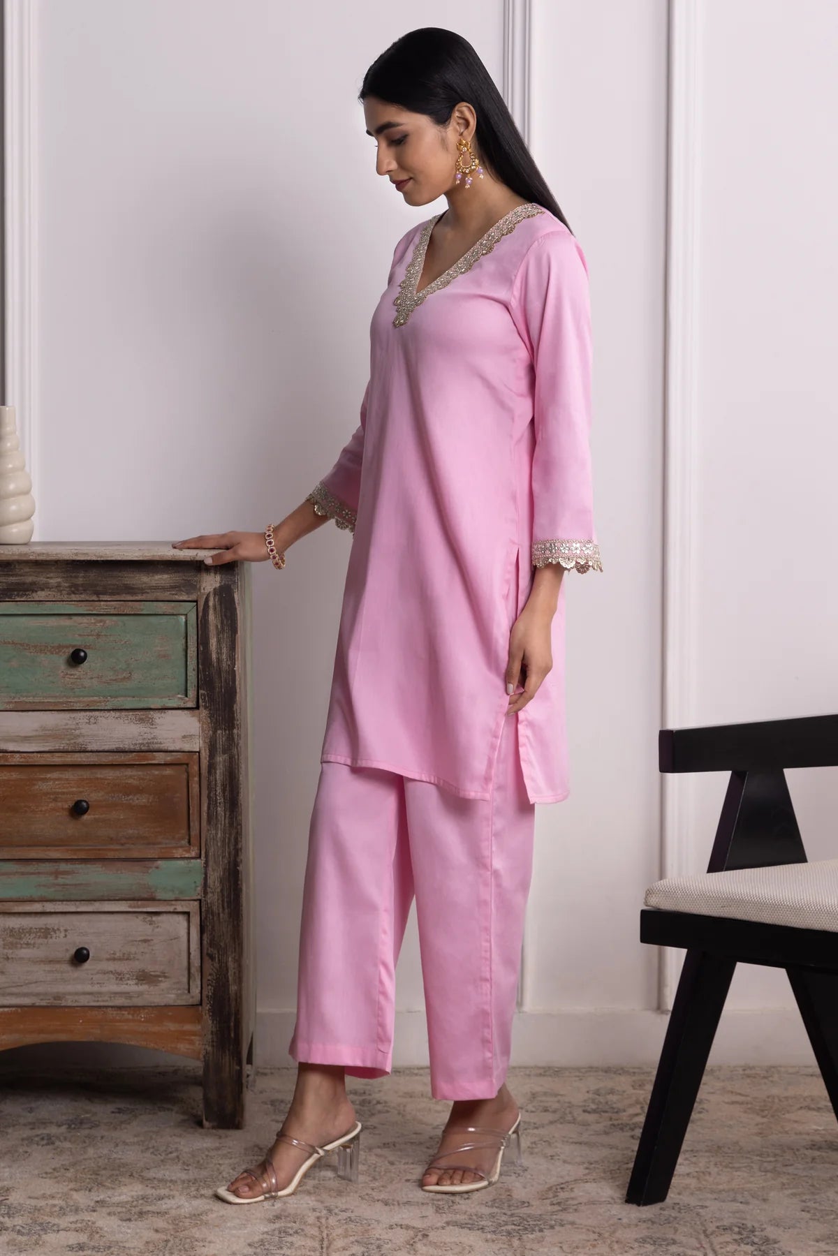 Nitya Cotton Kurta Pant Set with Handcrafted Lace & Sequin Accents