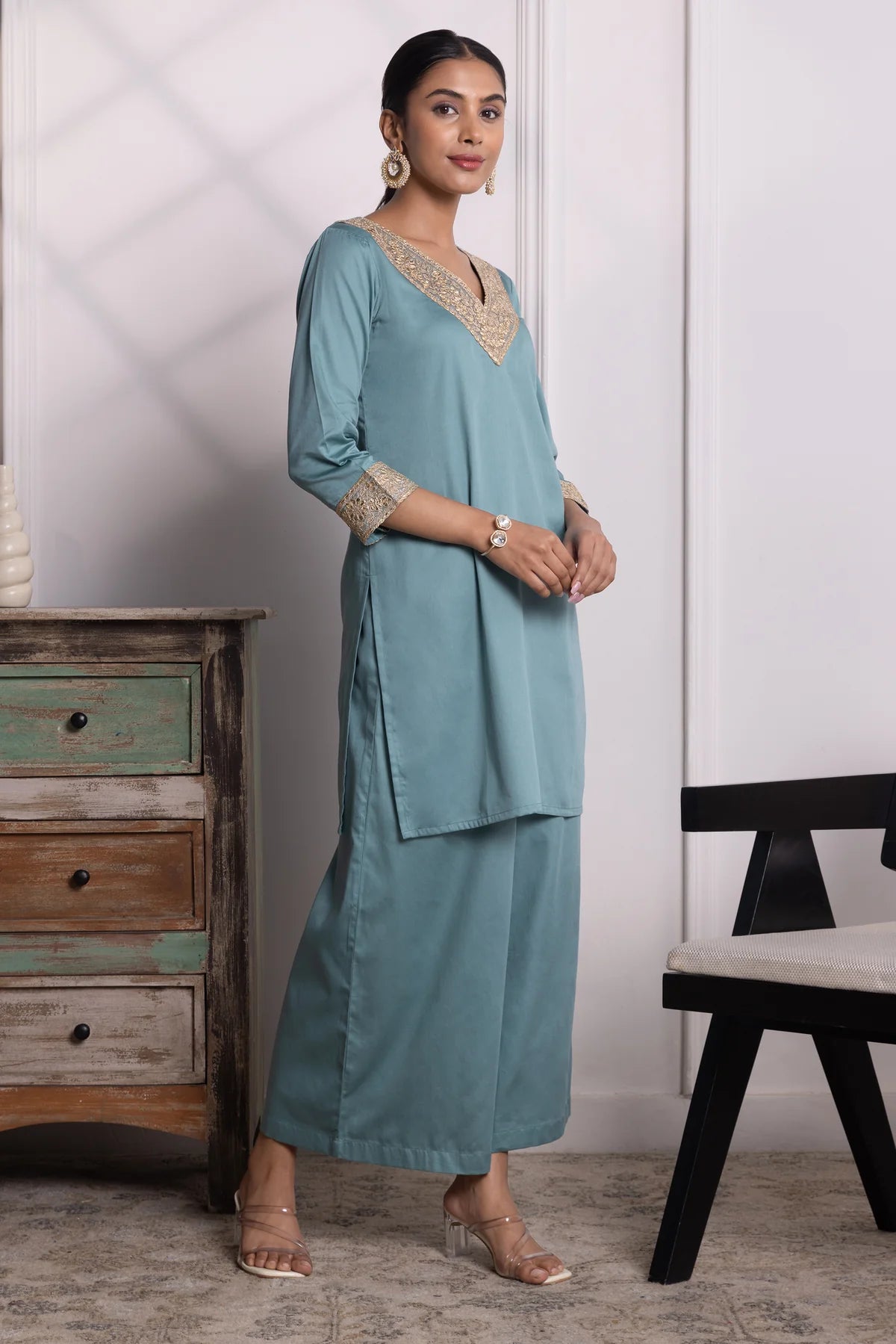 Nitya Cotton Kurta Pant Set with Handcrafted Lace & Sequin Accents