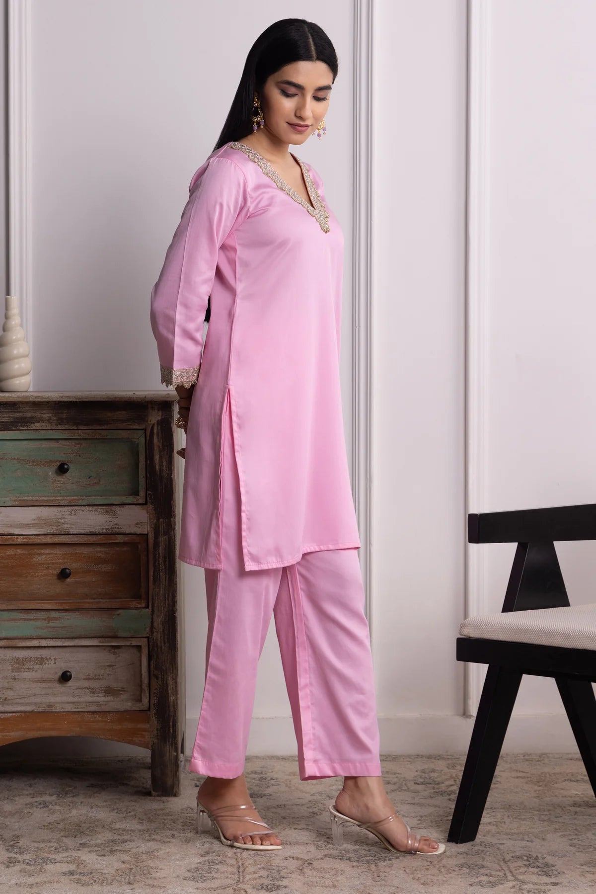 Nitya Cotton Kurta Pant Set with Handcrafted Lace & Sequin Accents