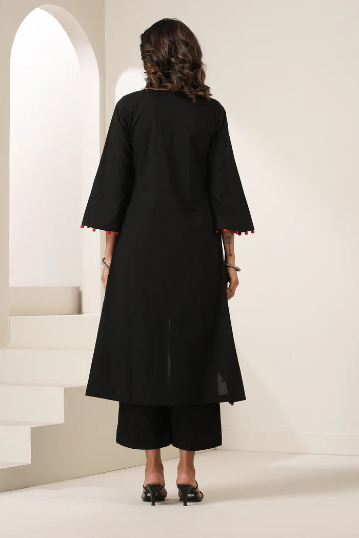 Meera Cotton Kurta Pant Set with Handcrafted Pom-Pom Lace
