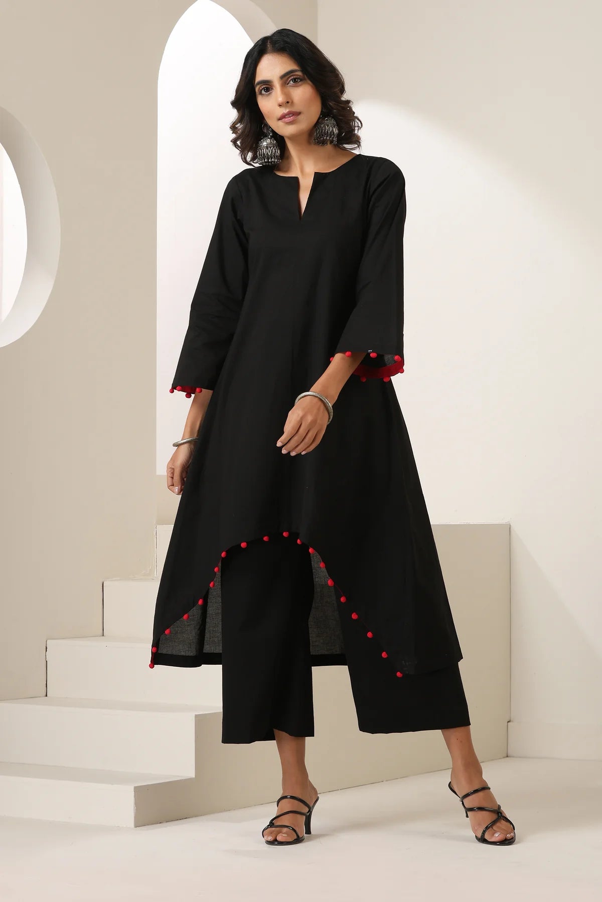 Meera Cotton Kurta Pant Set with Handcrafted Pom-Pom Lace