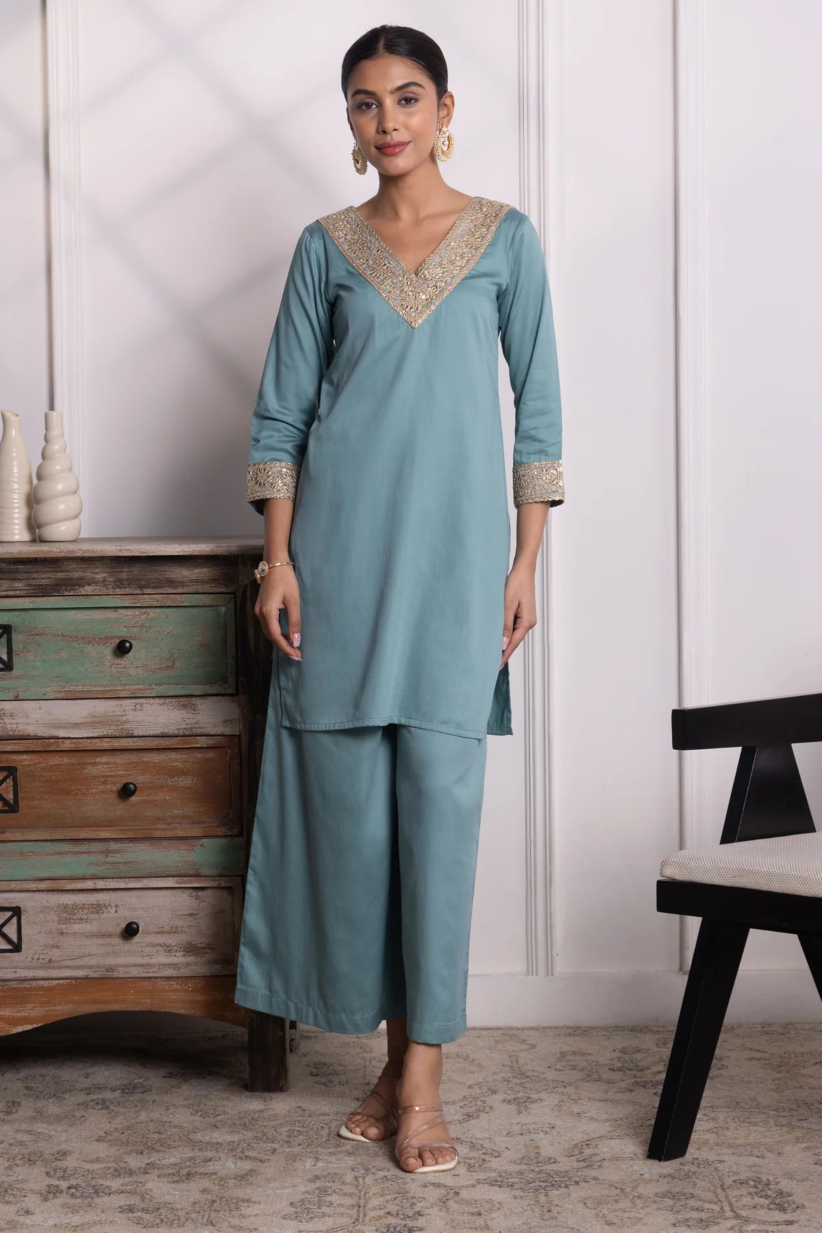 Nitya Cotton Kurta Pant Set with Handcrafted Lace & Sequin Accents