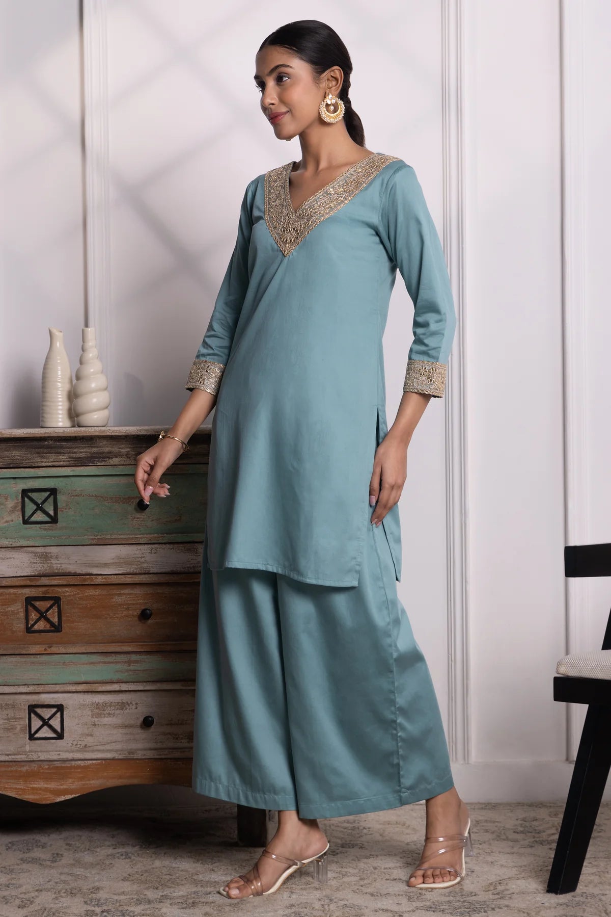 Nitya Cotton Kurta Pant Set with Handcrafted Lace & Sequin Accents