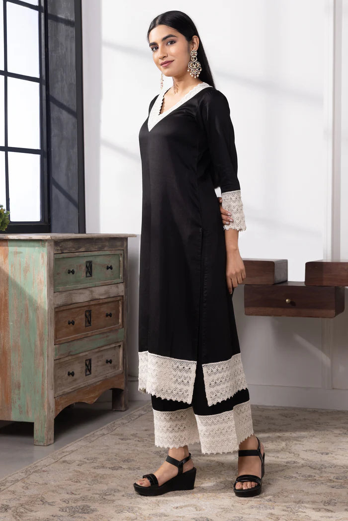 Aadhya Cotton Kurta Pant Set with Intricate Lace Borders