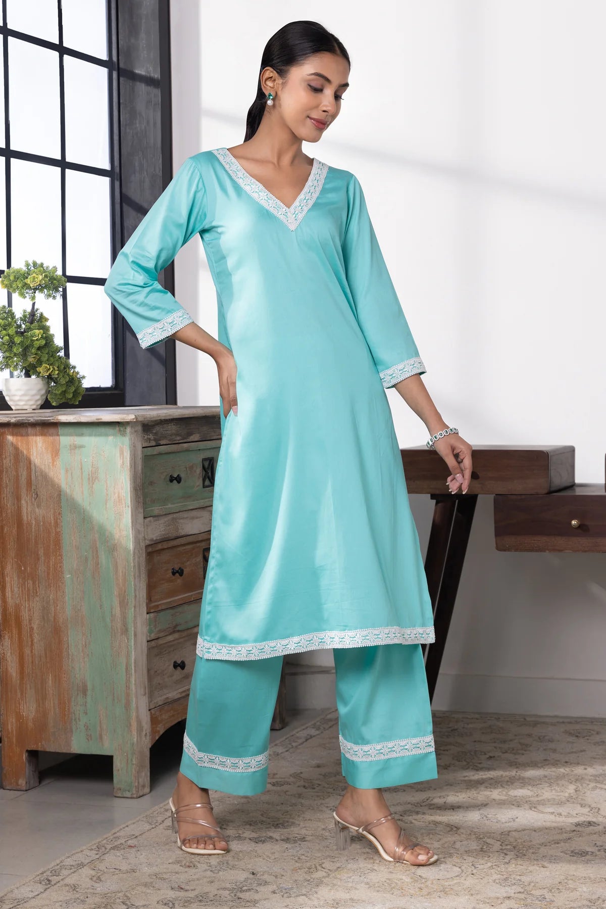 Samaira Aqua Blue Cotton Kurta Pant Set with Delicate Lace Work