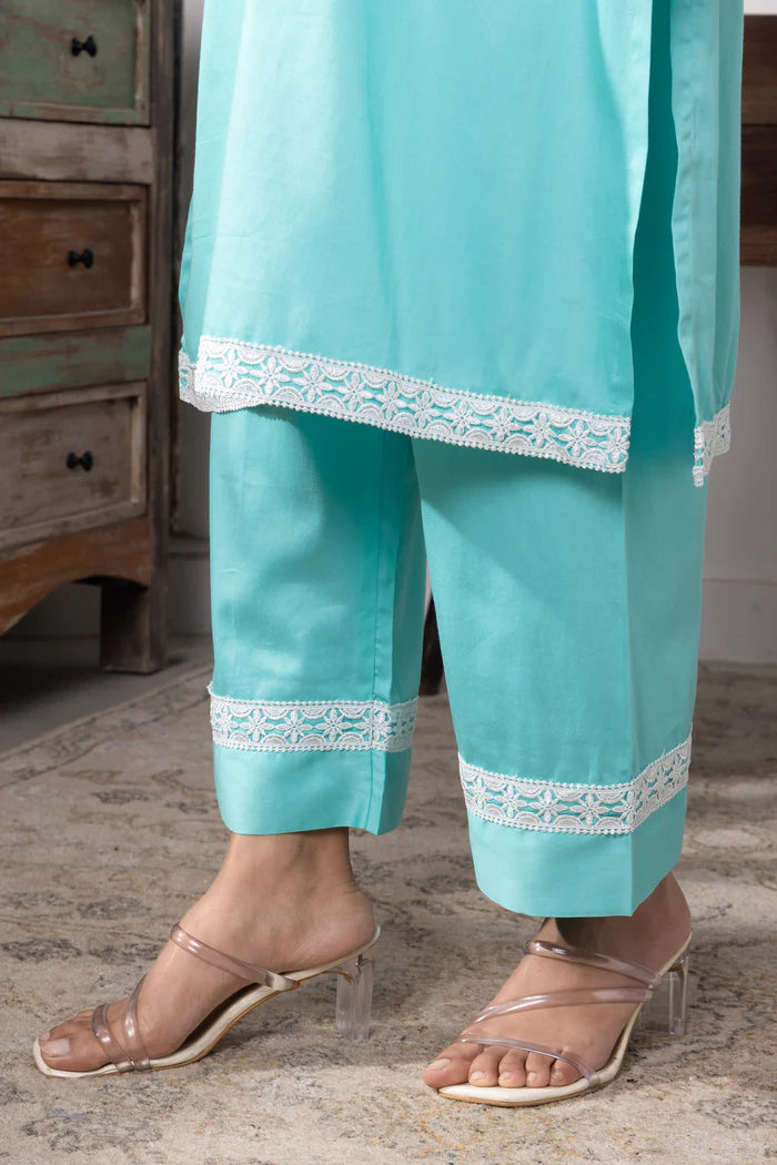 Samaira Aqua Blue Cotton Kurta Pant Set with Delicate Lace Work