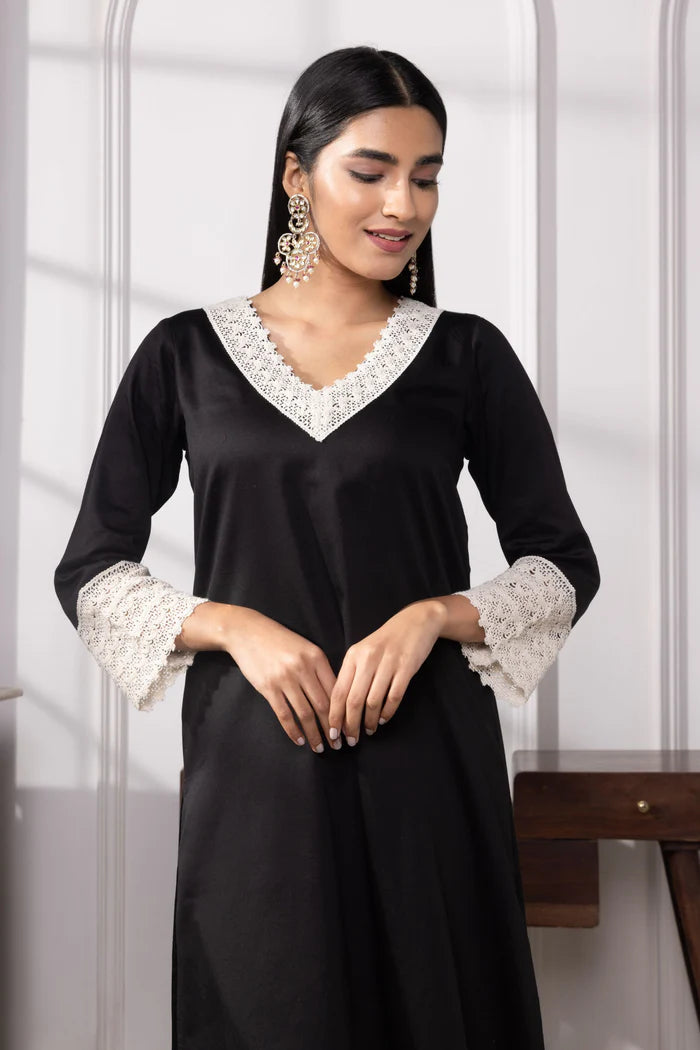 Aadhya Cotton Kurta Pant Set with Intricate Lace Borders