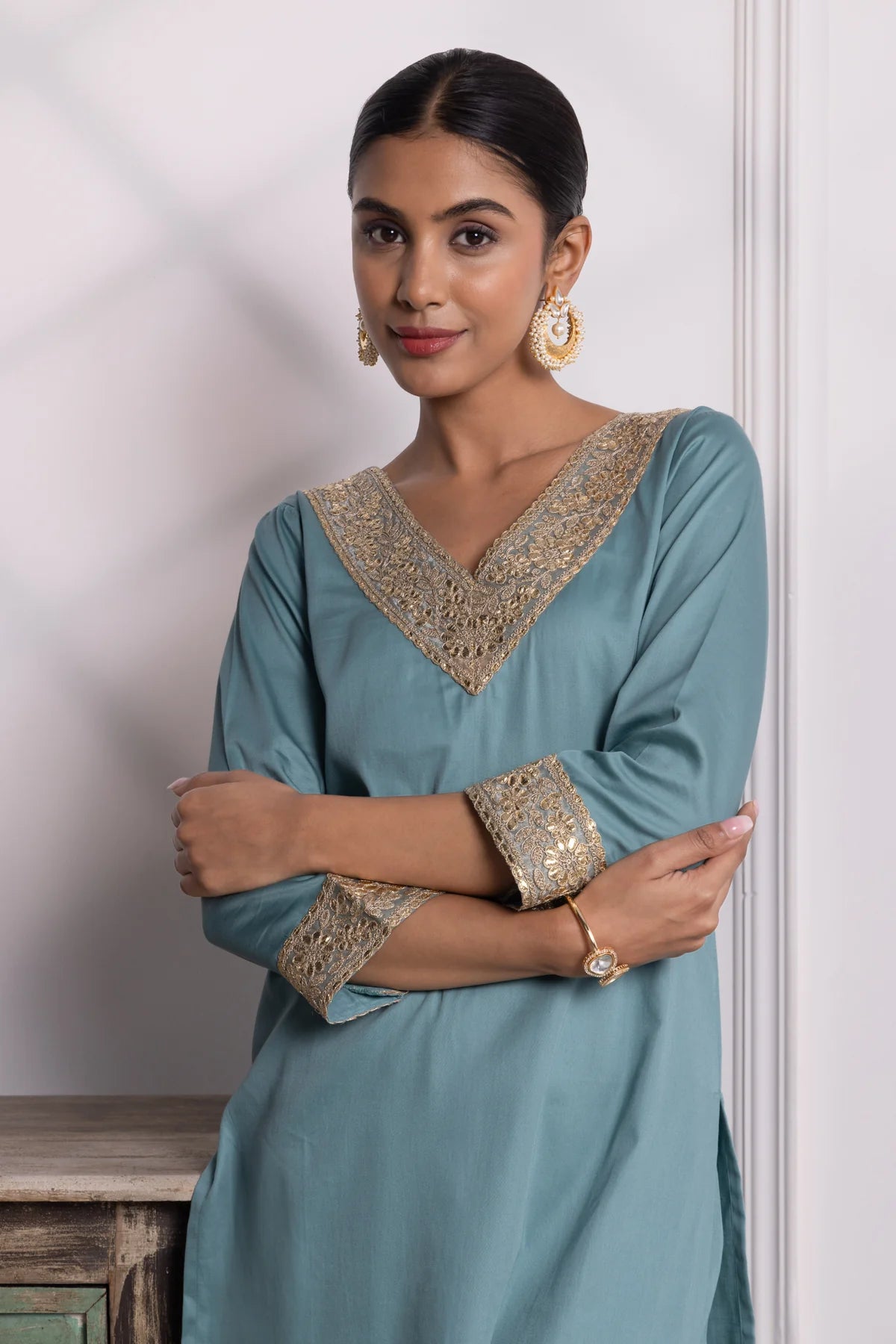 Nitya Cotton Kurta Pant Set with Handcrafted Lace & Sequin Accents