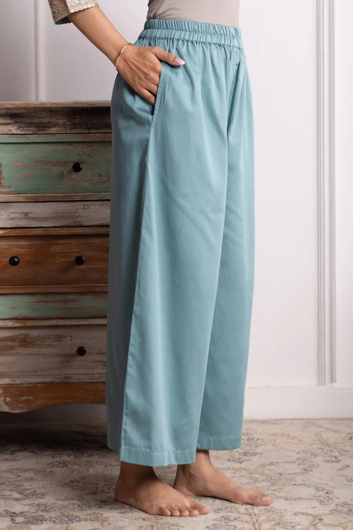 Nitya Cotton Kurta Pant Set with Handcrafted Lace & Sequin Accents