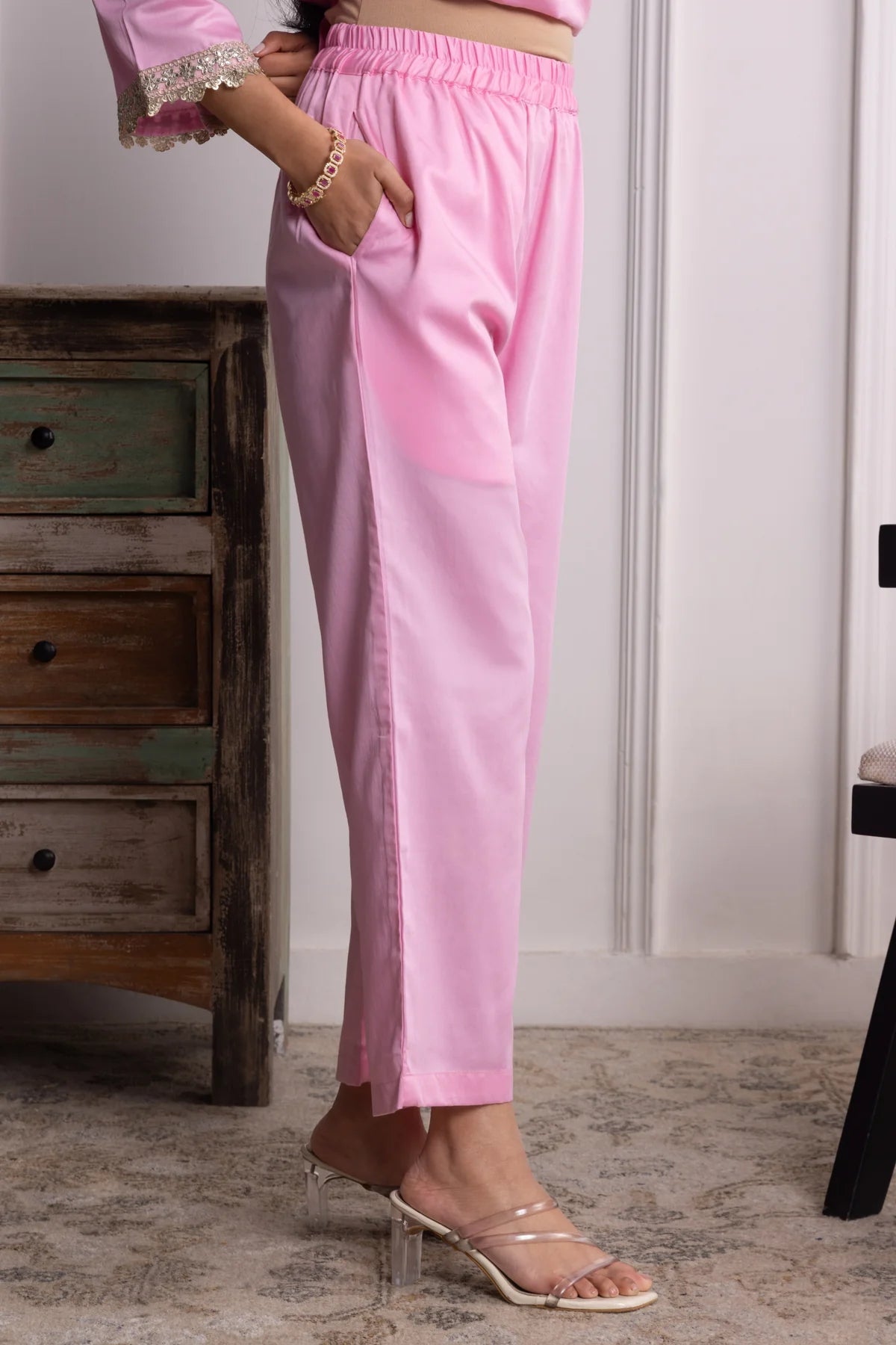 Nitya Cotton Kurta Pant Set with Handcrafted Lace & Sequin Accents