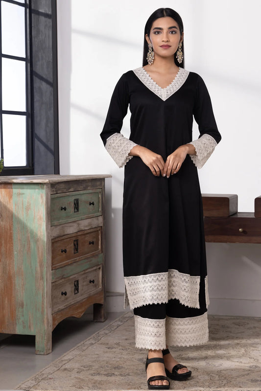 Aadhya Cotton Kurta Pant Set with Intricate Lace Borders