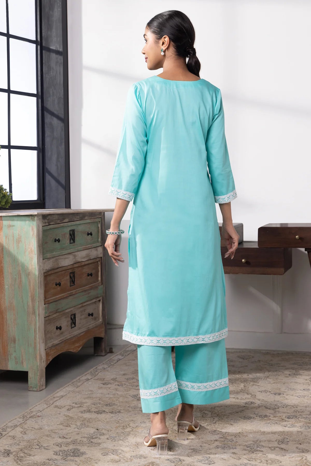 Samaira Aqua Blue Cotton Kurta Pant Set with Delicate Lace Work