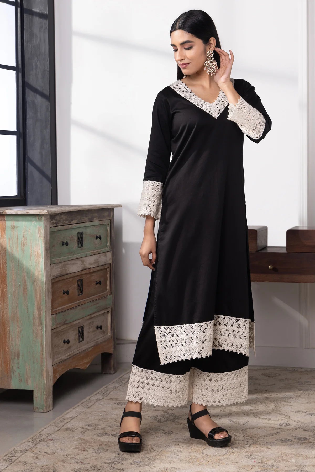 Aadhya Cotton Kurta Pant Set with Intricate Lace Borders