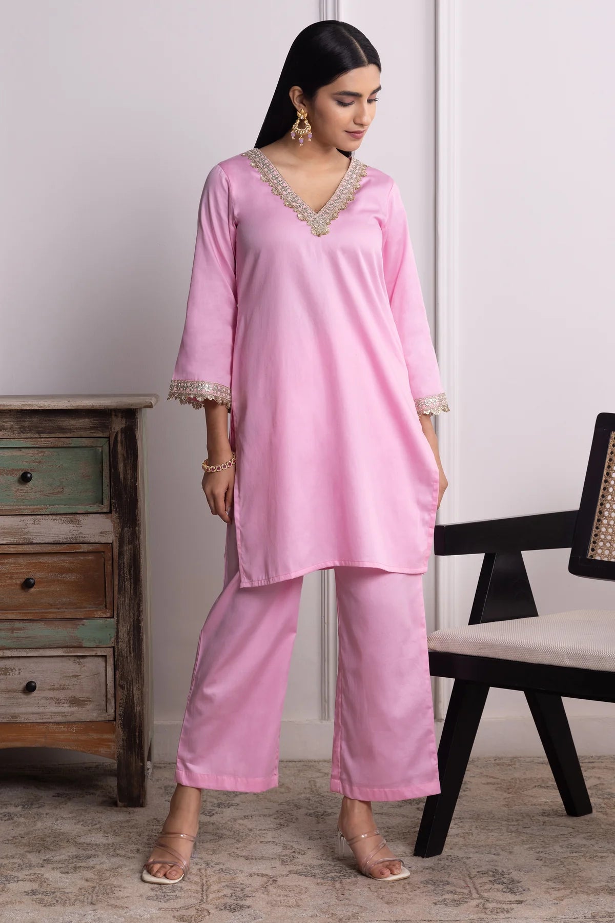 Nitya Cotton Kurta Pant Set with Handcrafted Lace & Sequin Accents