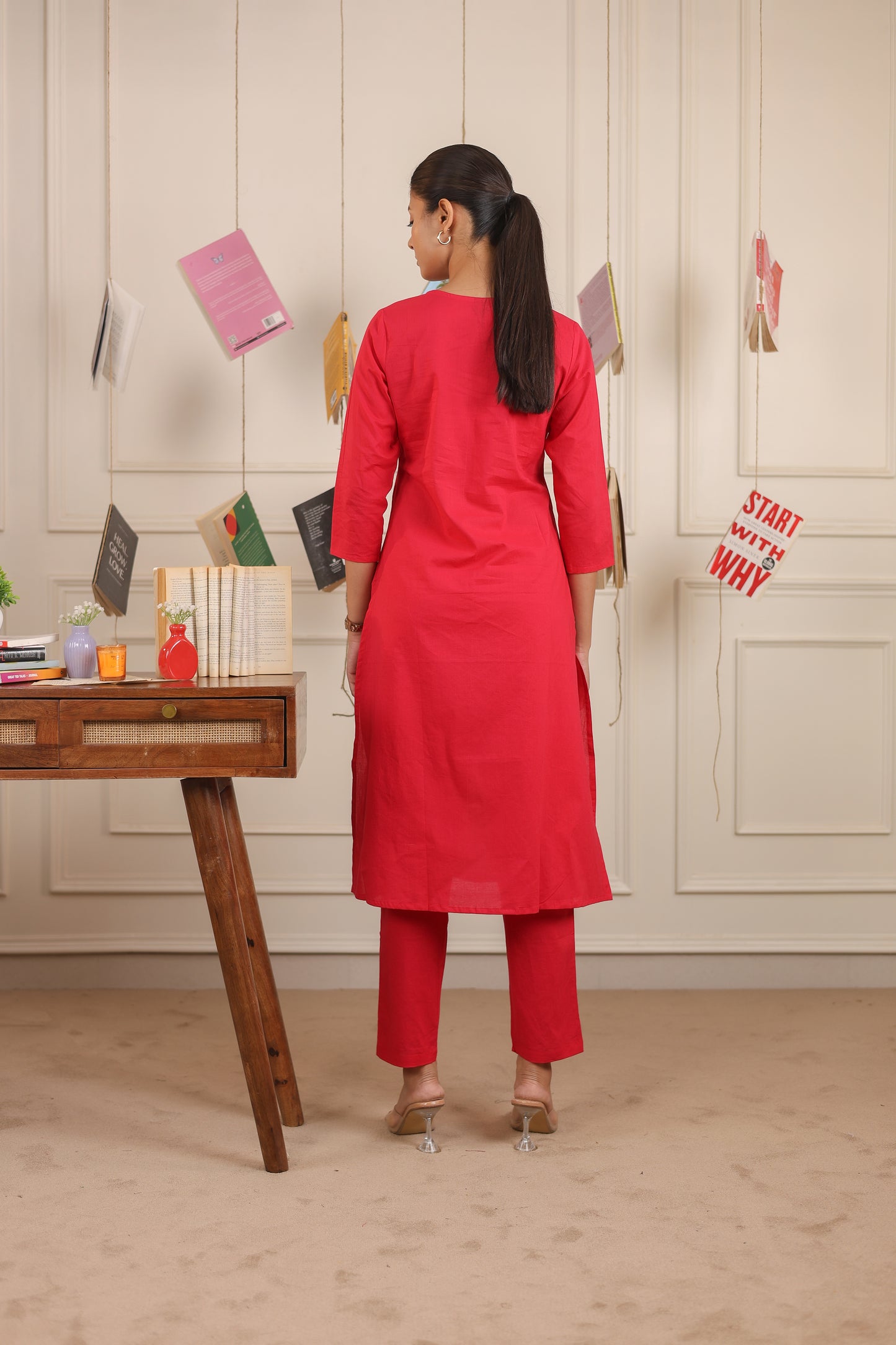 Cotton V-Neck Kurta Set with Chanderi Dupatta