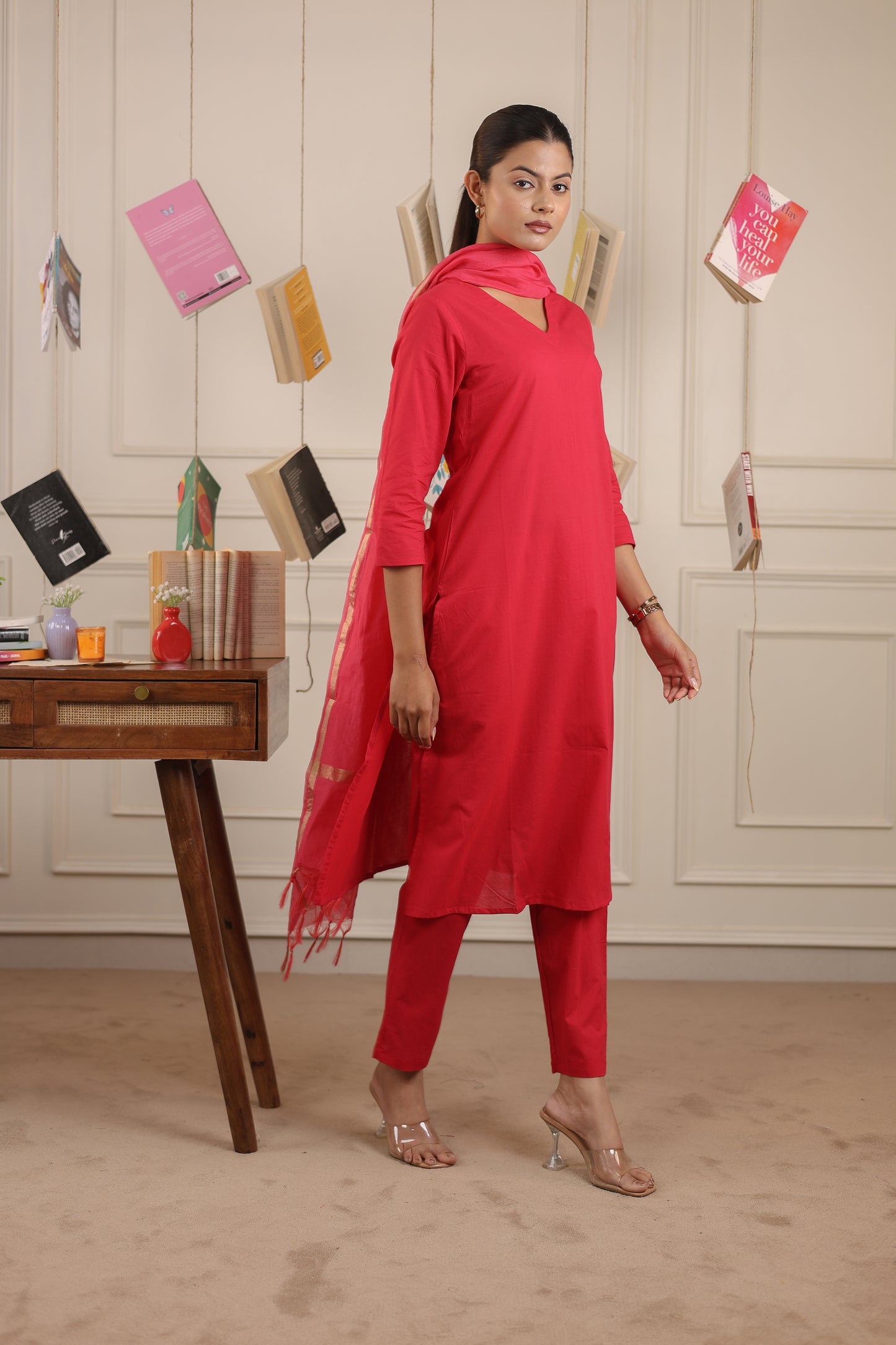 Cotton V-Neck Kurta Set with Chanderi Dupatta