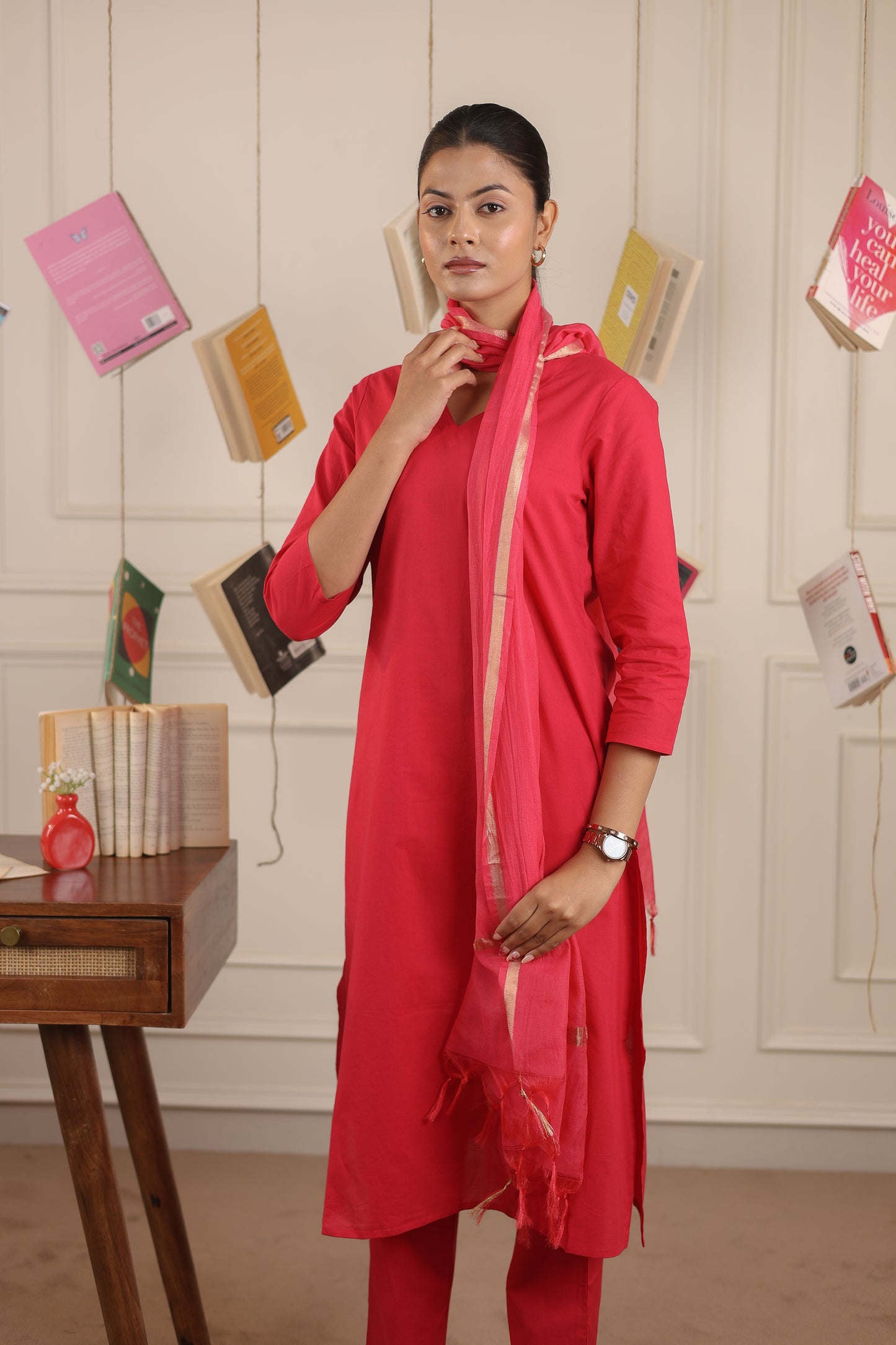 Cotton V-Neck Kurta Set with Chanderi Dupatta