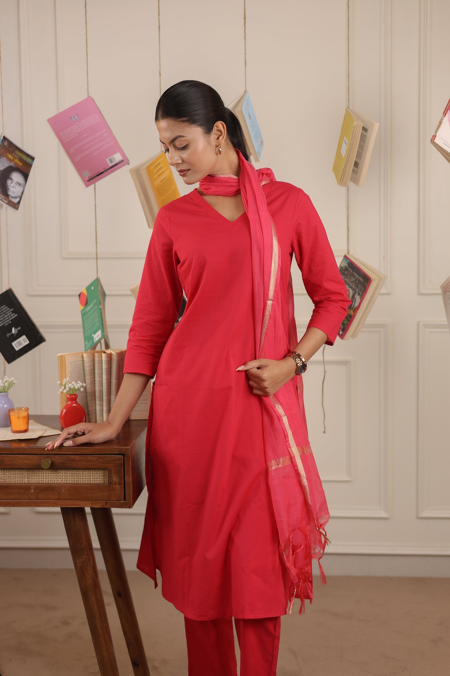 Cotton V-Neck Kurta Set with Chanderi Dupatta