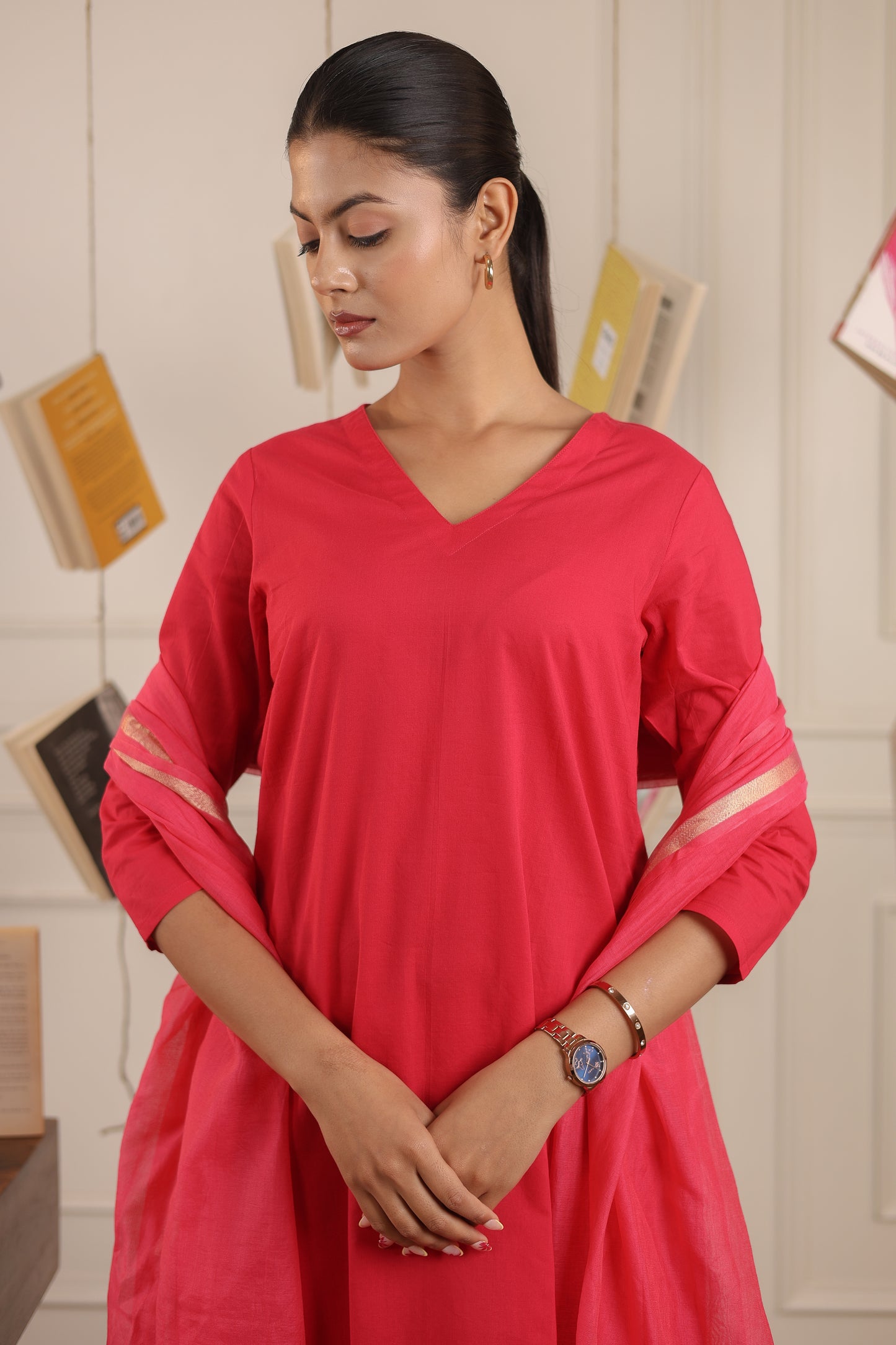 Cotton V-Neck Kurta Set with Chanderi Dupatta
