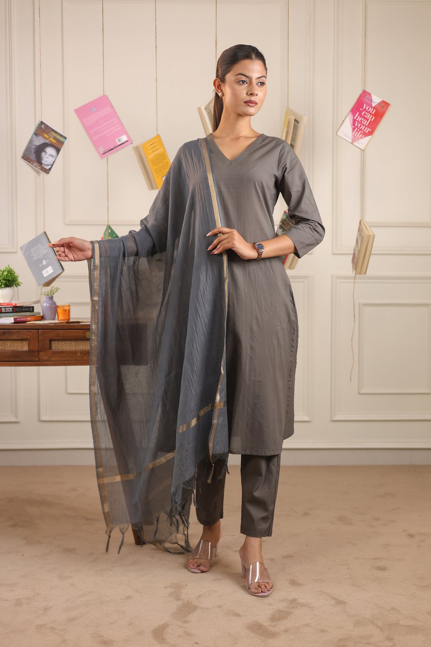 Cotton V-Neck Kurta Set with Chanderi Dupatta