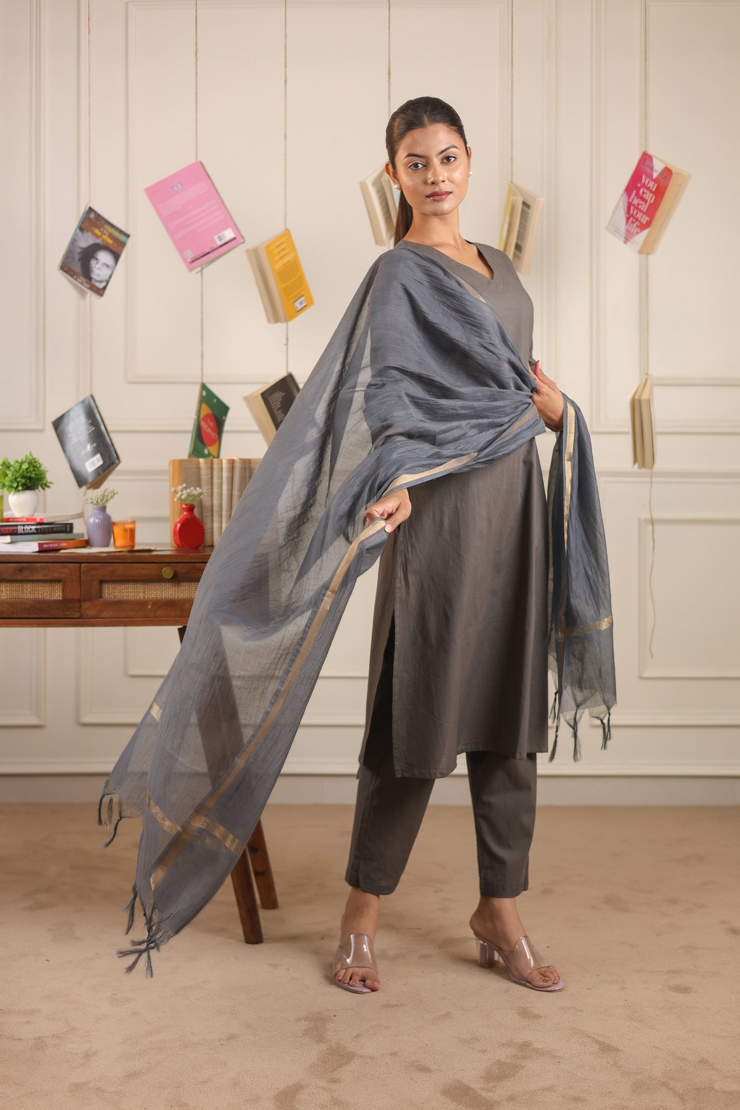Cotton V-Neck Kurta Set with Chanderi Dupatta