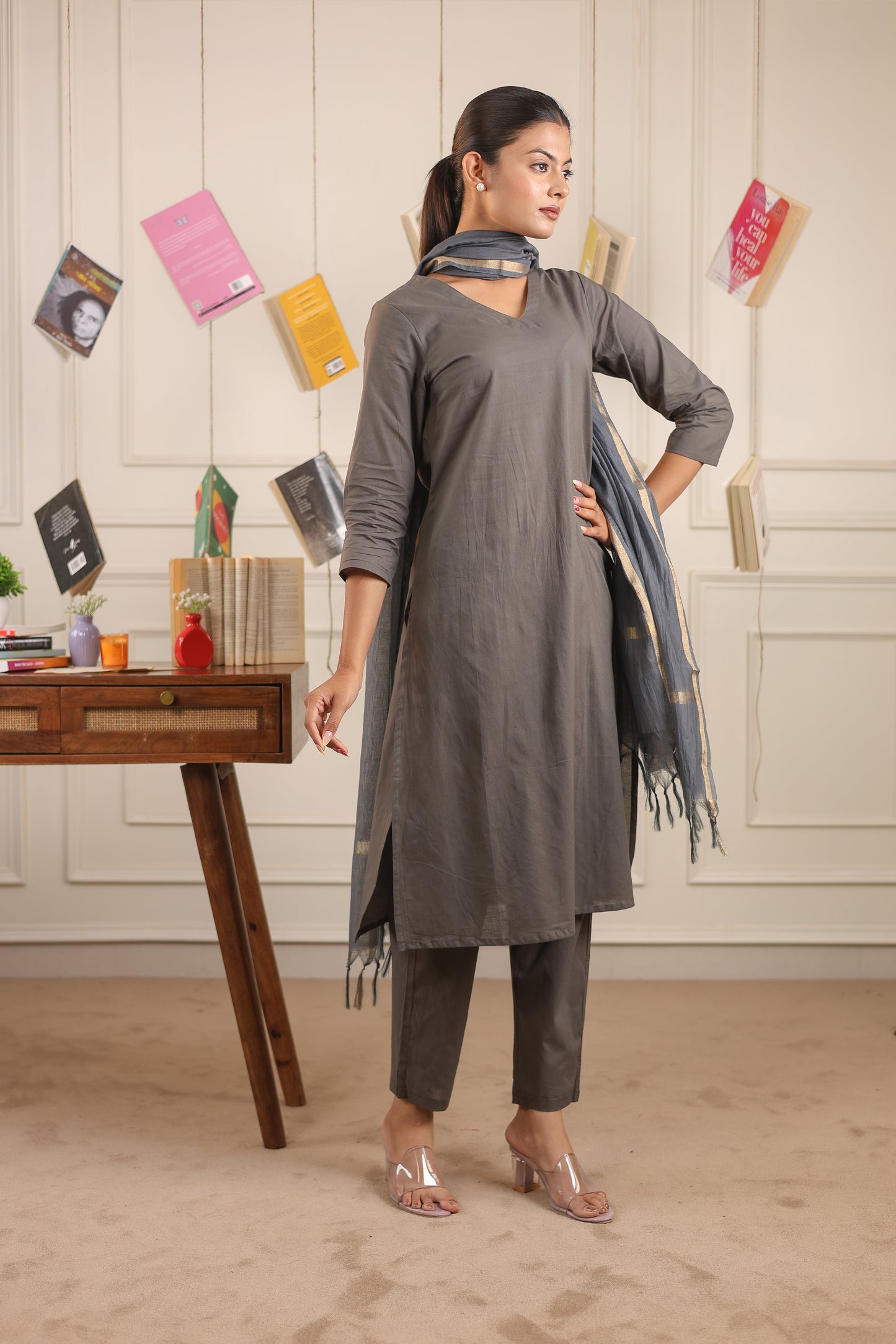 Cotton V-Neck Kurta Set with Chanderi Dupatta