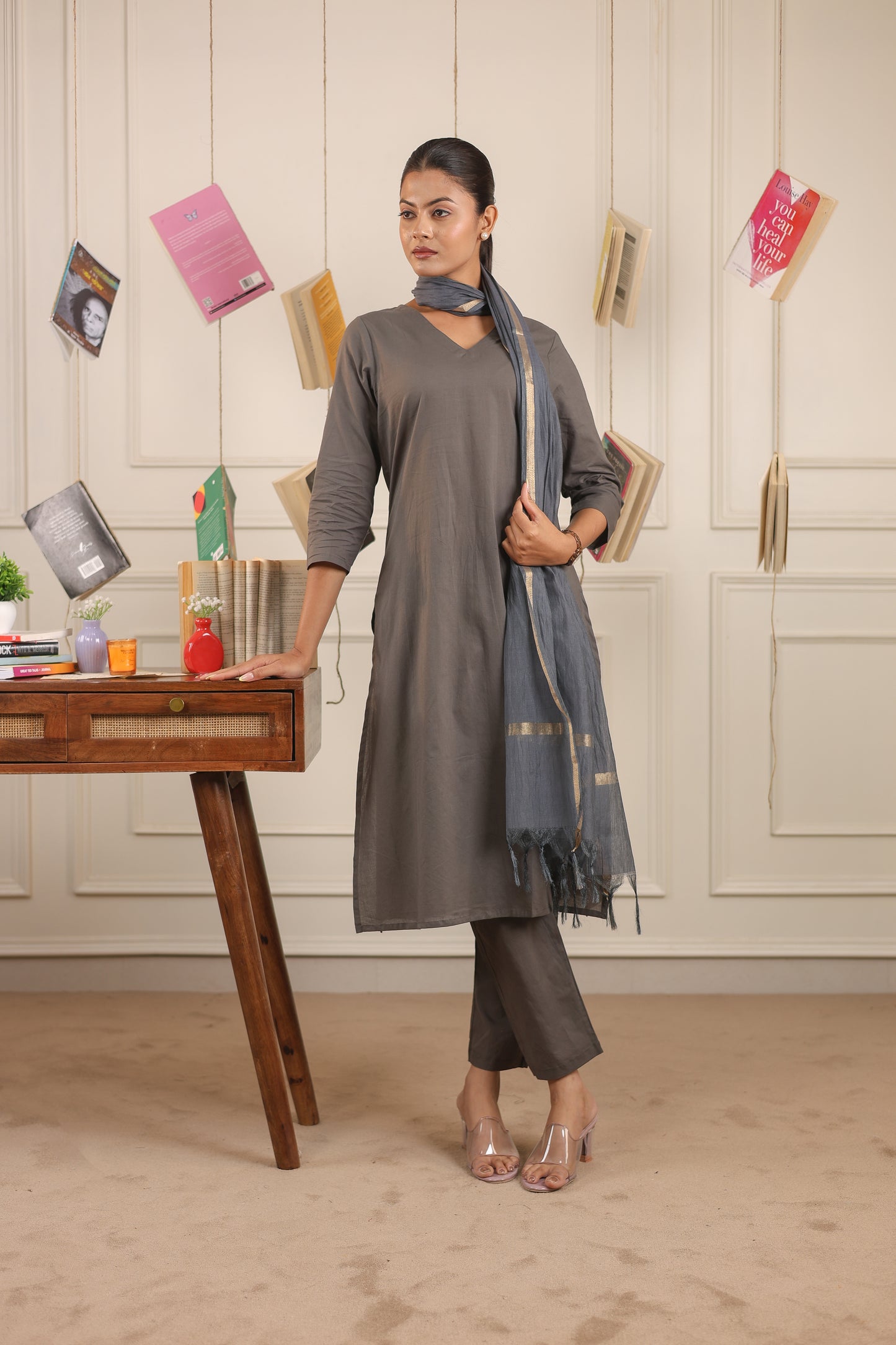 Cotton V-Neck Kurta Set with Chanderi Dupatta