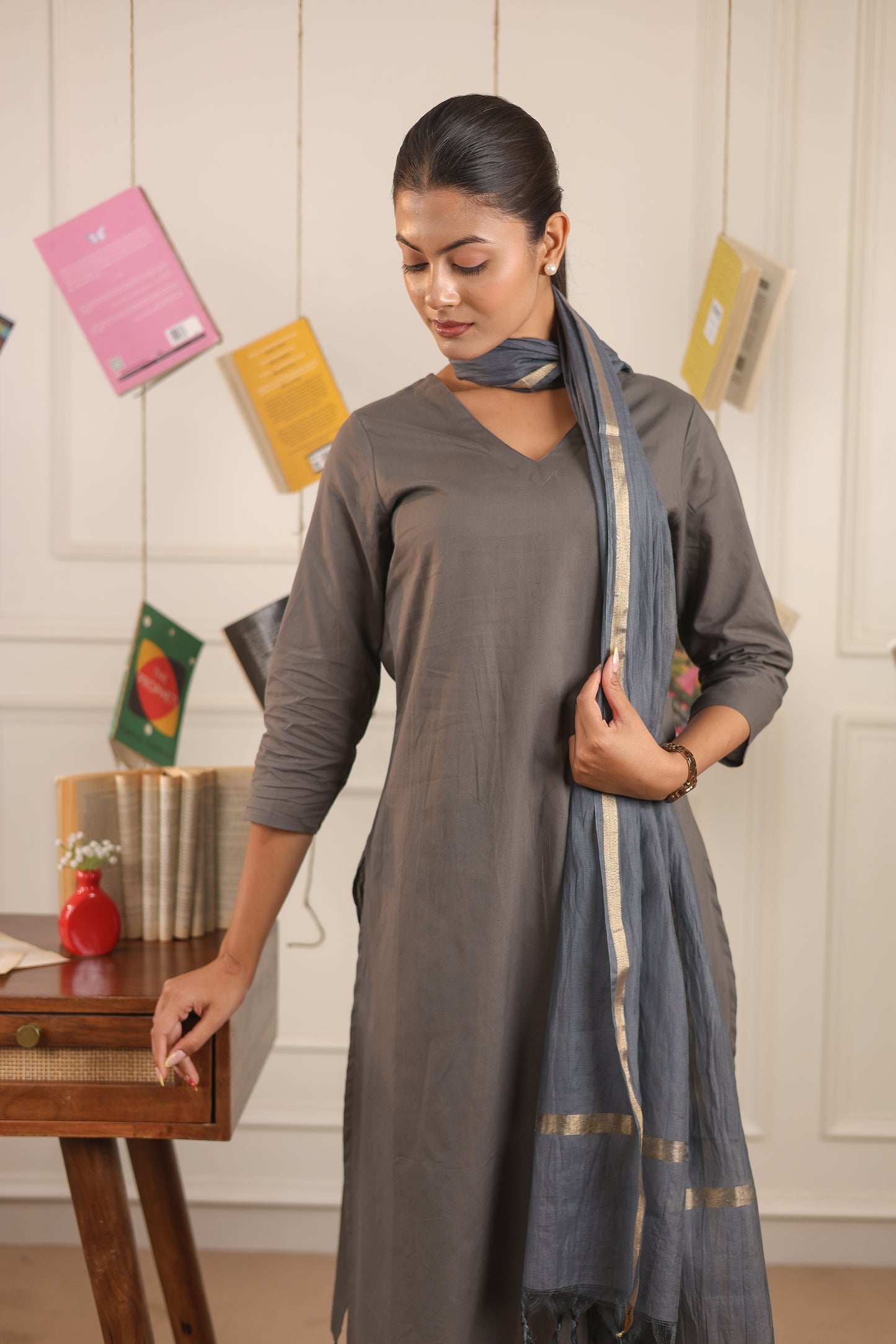 Cotton V-Neck Kurta Set with Chanderi Dupatta