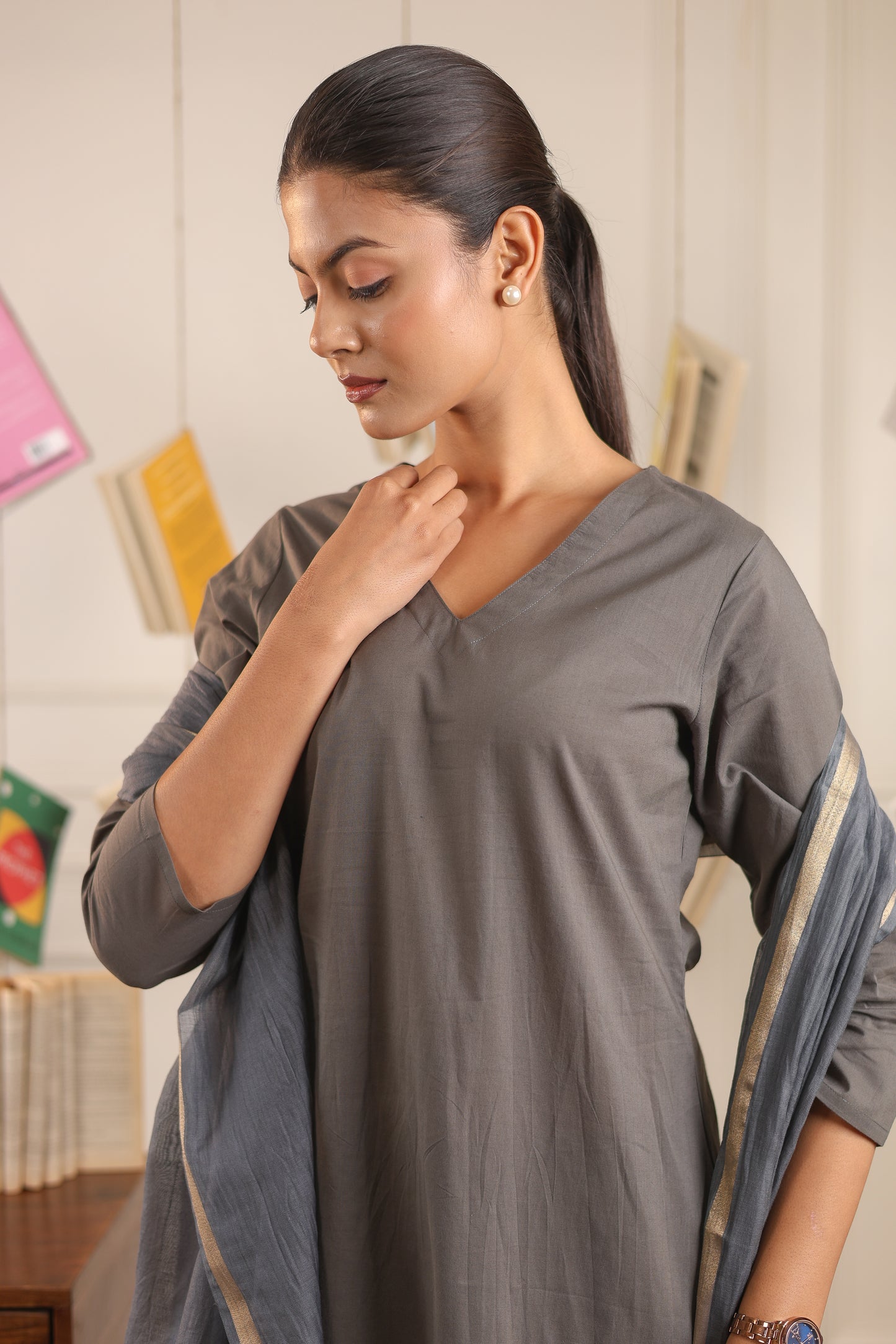 Cotton V-Neck Kurta Set with Chanderi Dupatta