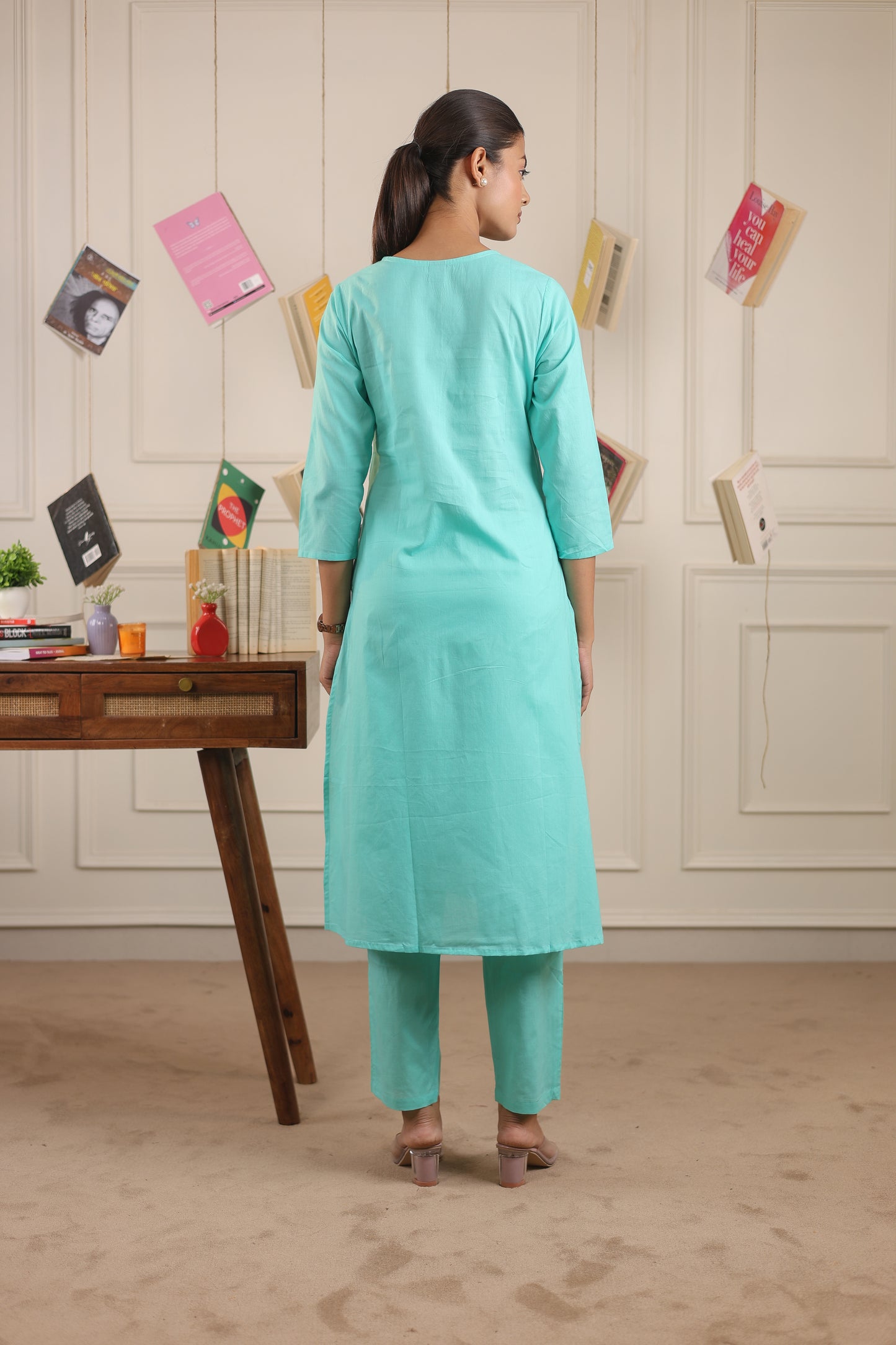 Cotton V-Neck Kurta Set with Chanderi Dupatta