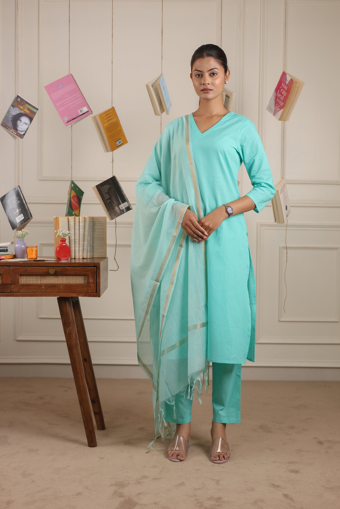 Cotton V-Neck Kurta Set with Chanderi Dupatta
