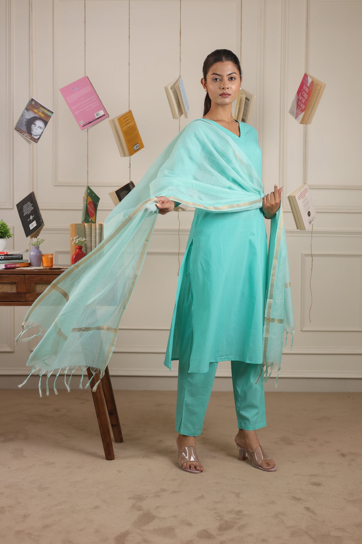 Cotton V-Neck Kurta Set with Chanderi Dupatta