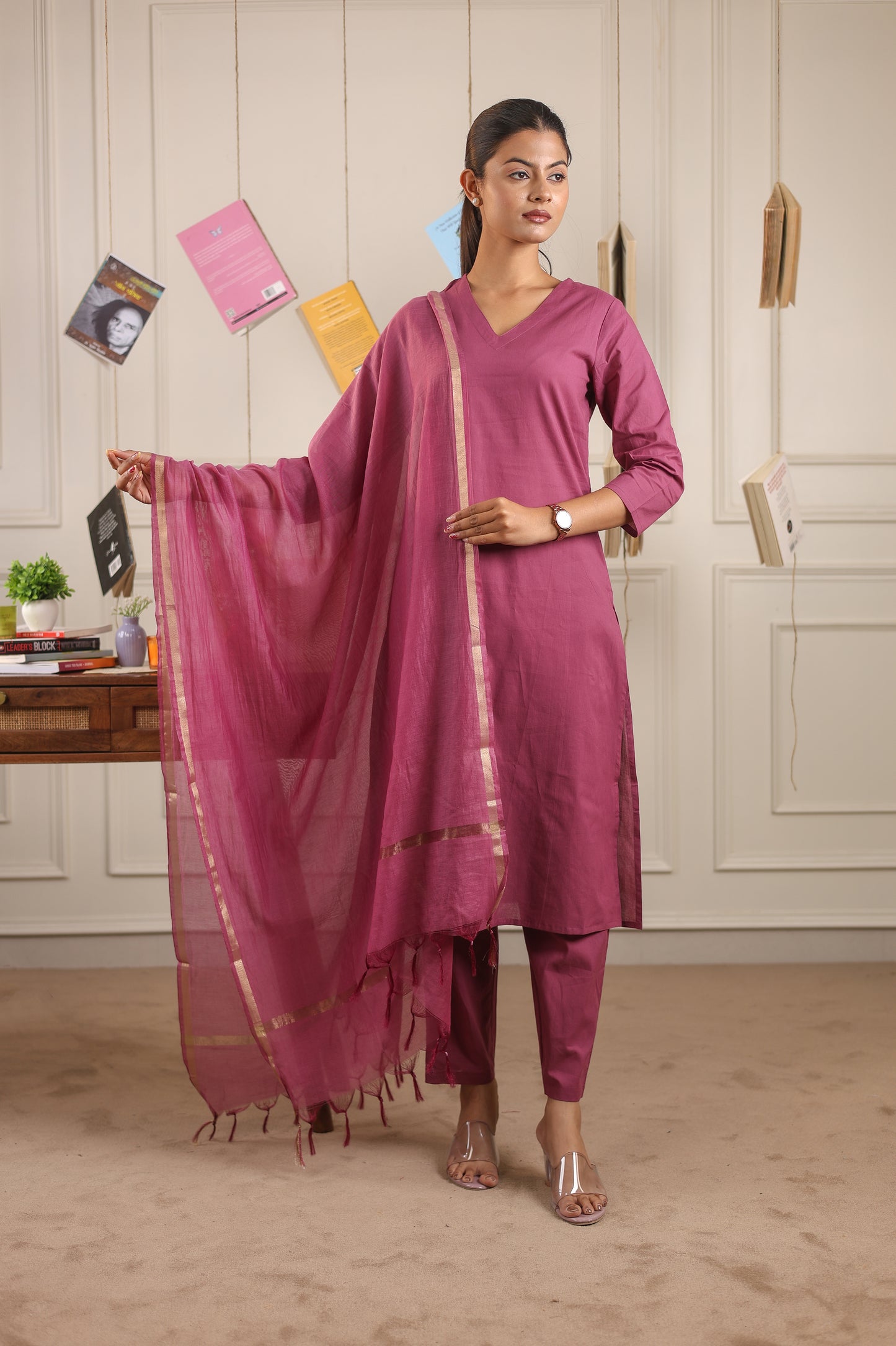 Cotton V-Neck Kurta Set with Chanderi Dupatta