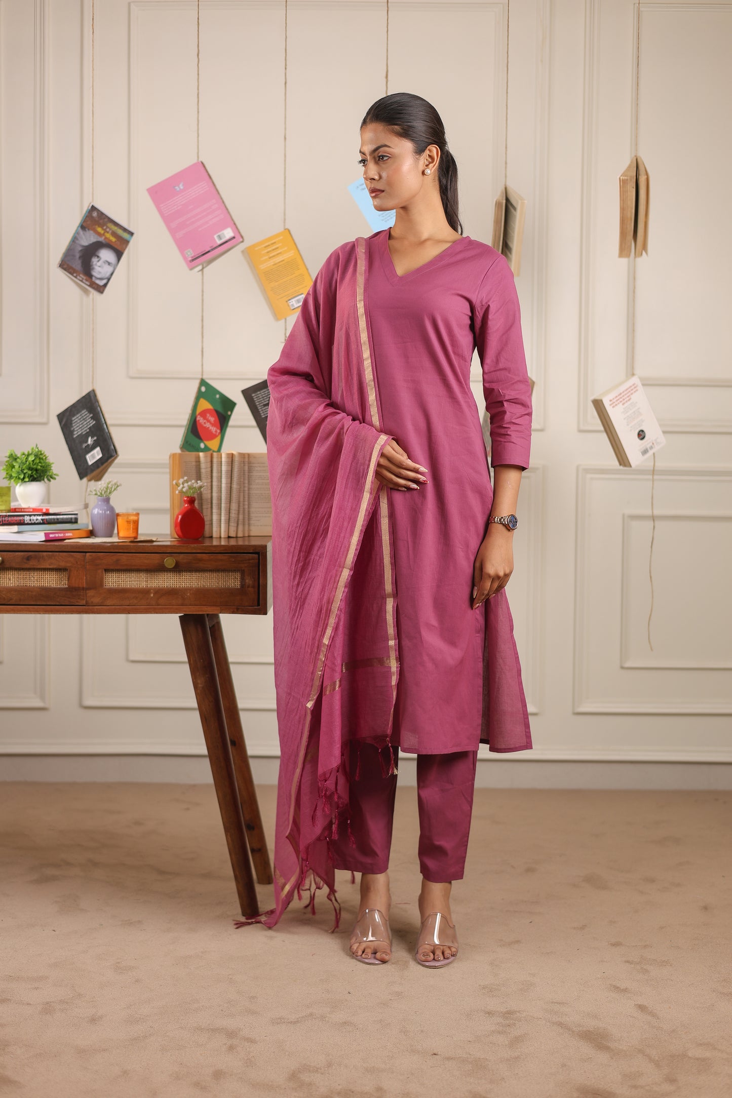 Cotton V-Neck Kurta Set with Chanderi Dupatta
