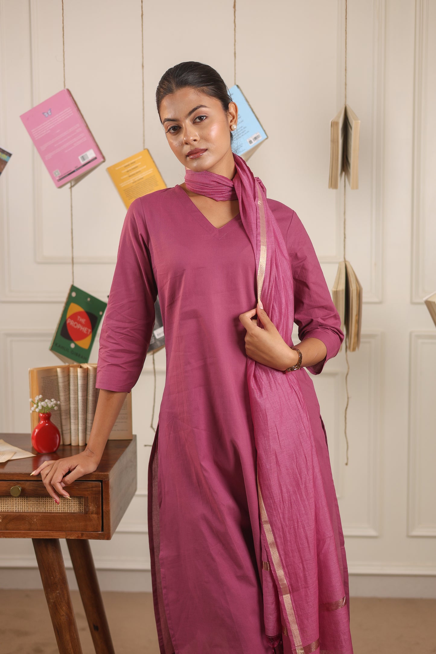 Cotton V-Neck Kurta Set with Chanderi Dupatta