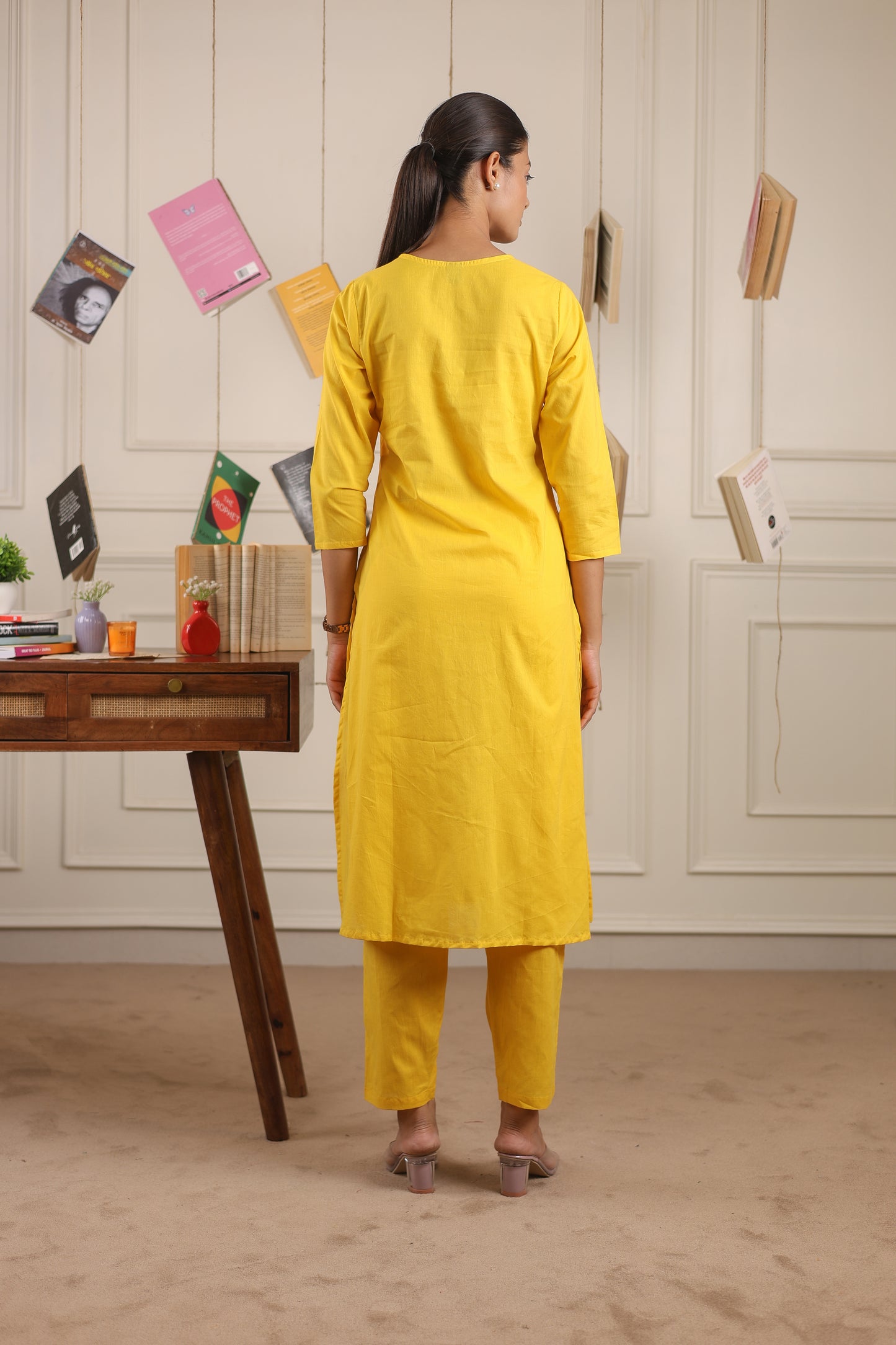 Cotton V-Neck Kurta Set with Chanderi Dupatta
