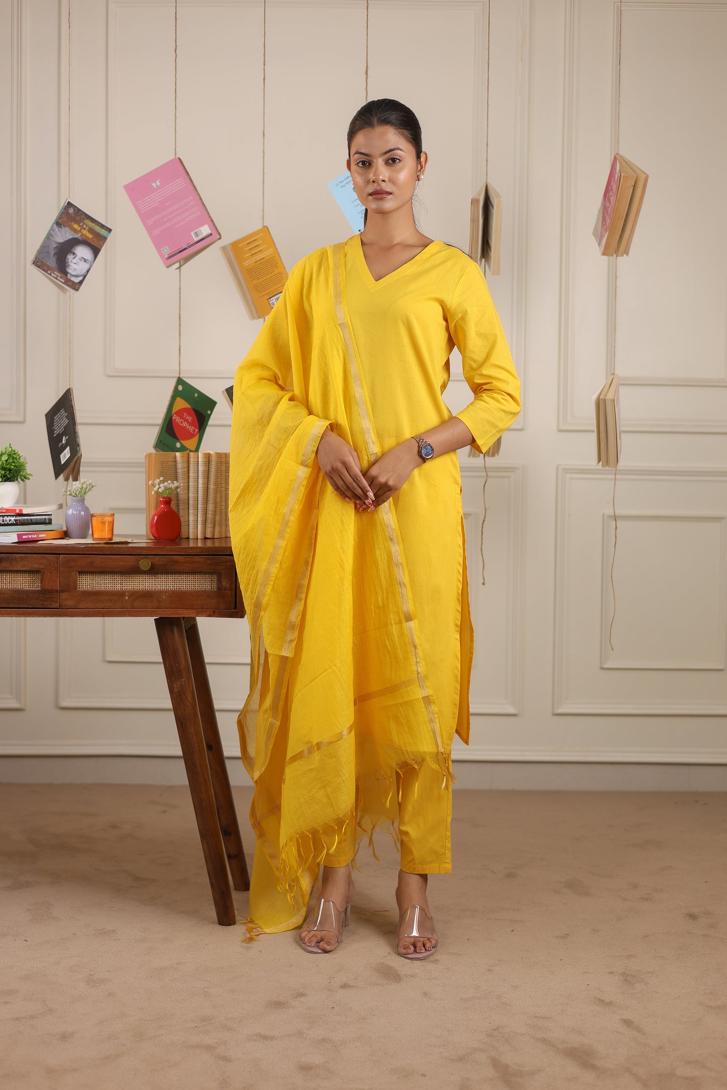 Cotton V-Neck Kurta Set with Chanderi Dupatta