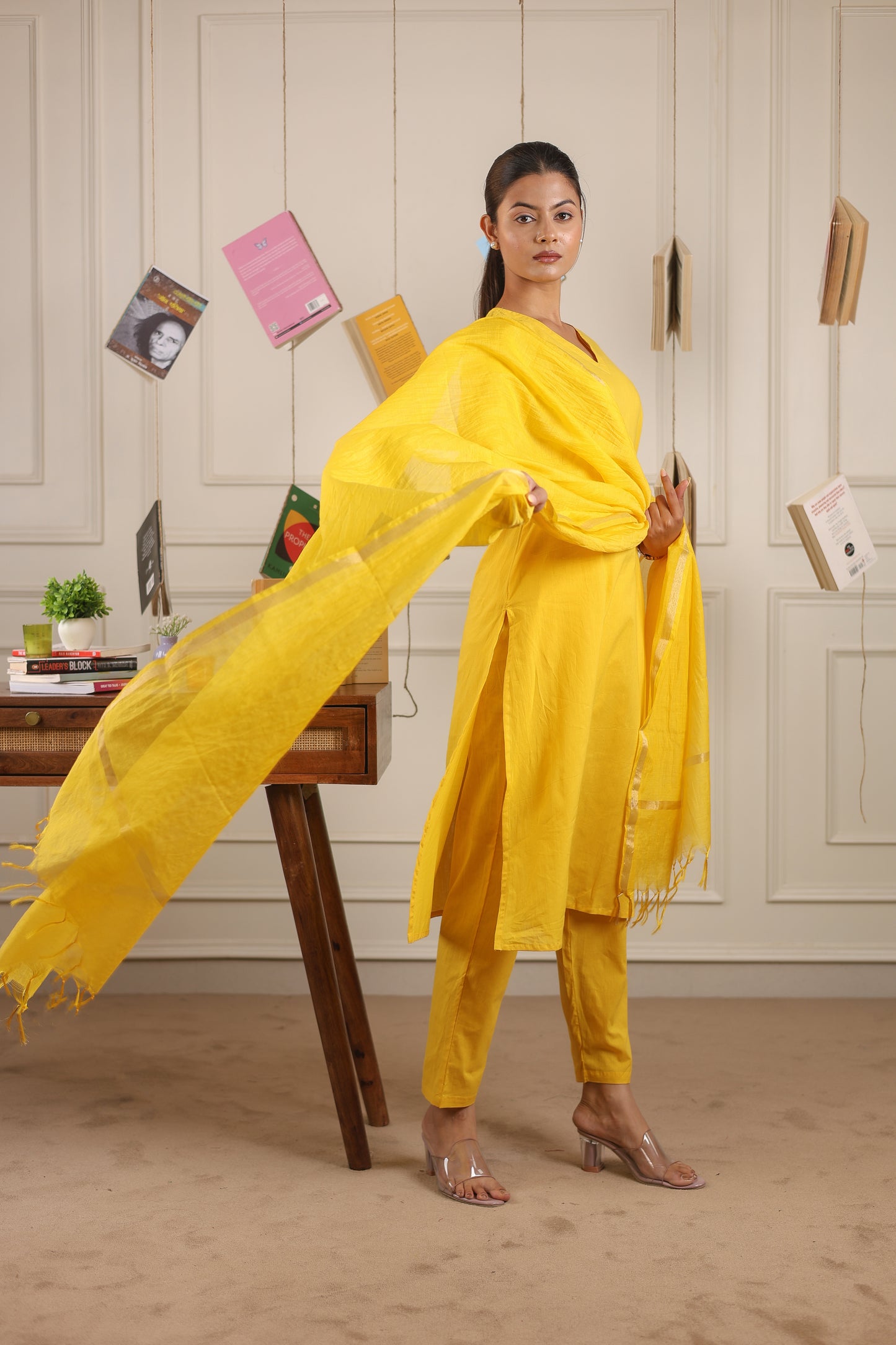 Cotton V-Neck Kurta Set with Chanderi Dupatta