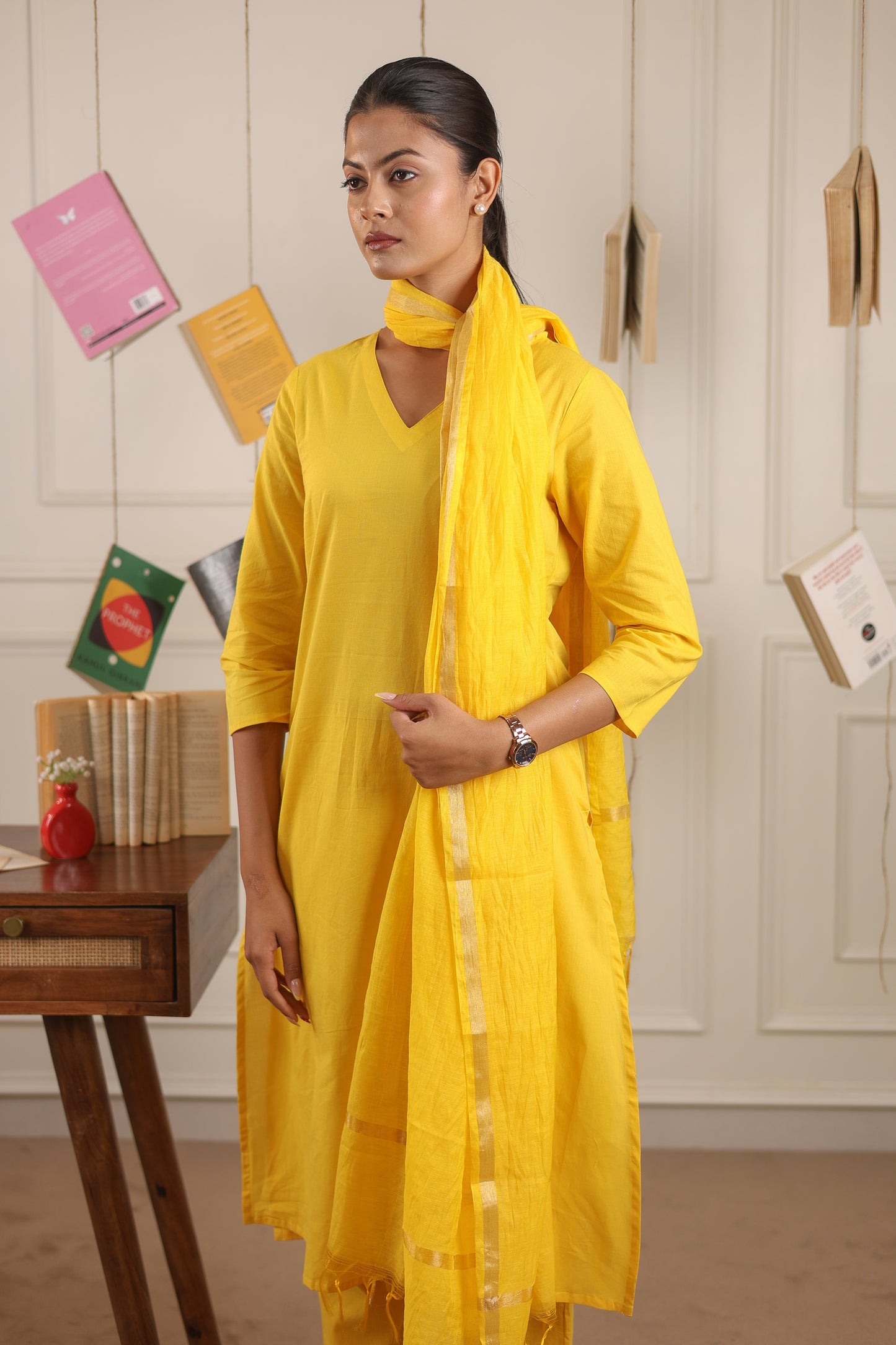 Cotton V-Neck Kurta Set with Chanderi Dupatta