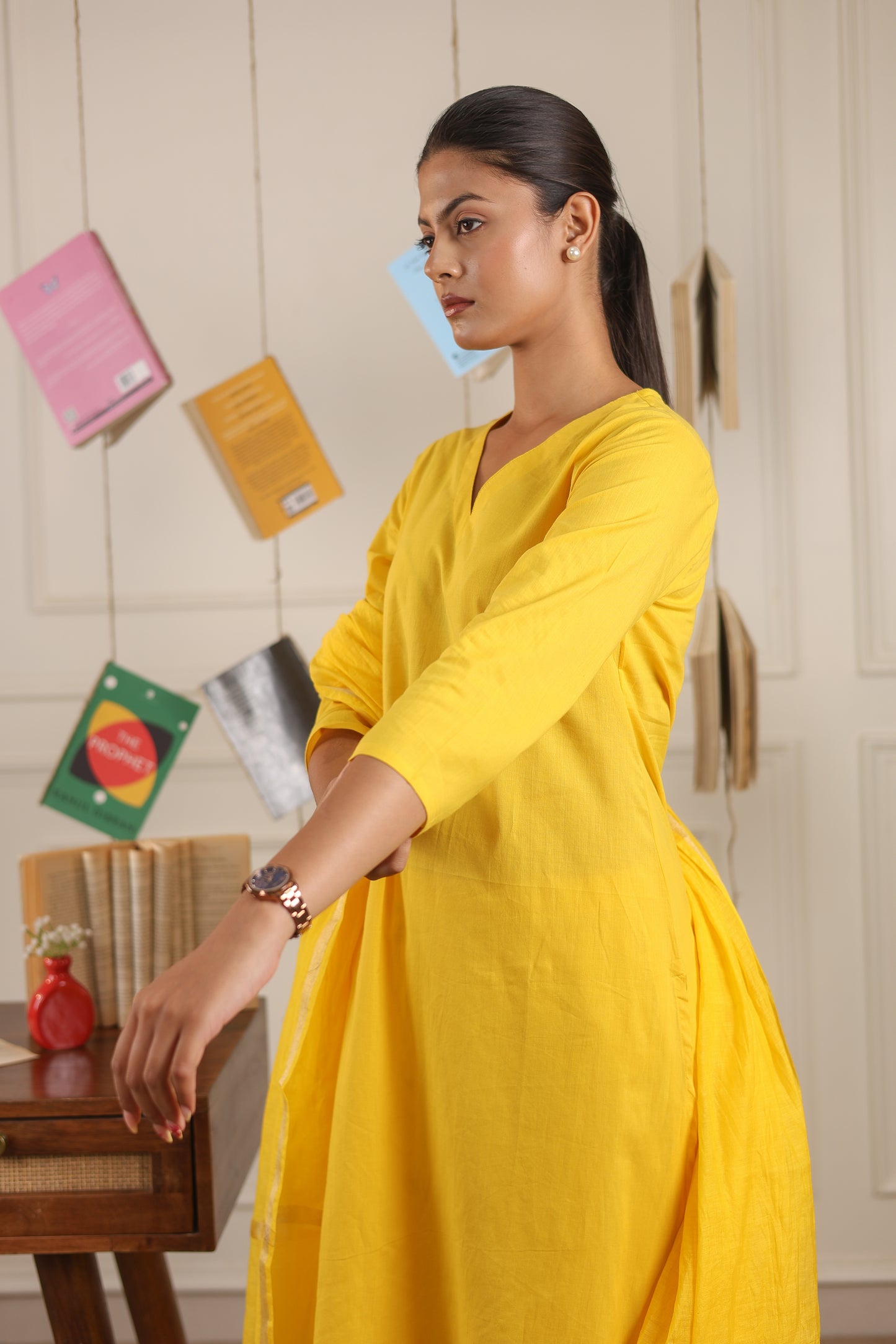 Cotton V-Neck Kurta Set with Chanderi Dupatta