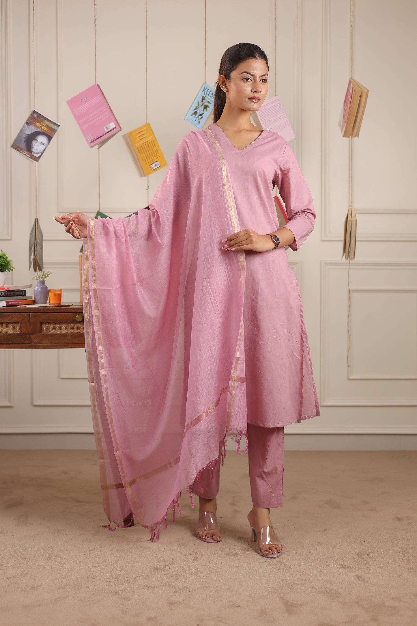 Cotton V-Neck Kurta Set with Chanderi Dupatta