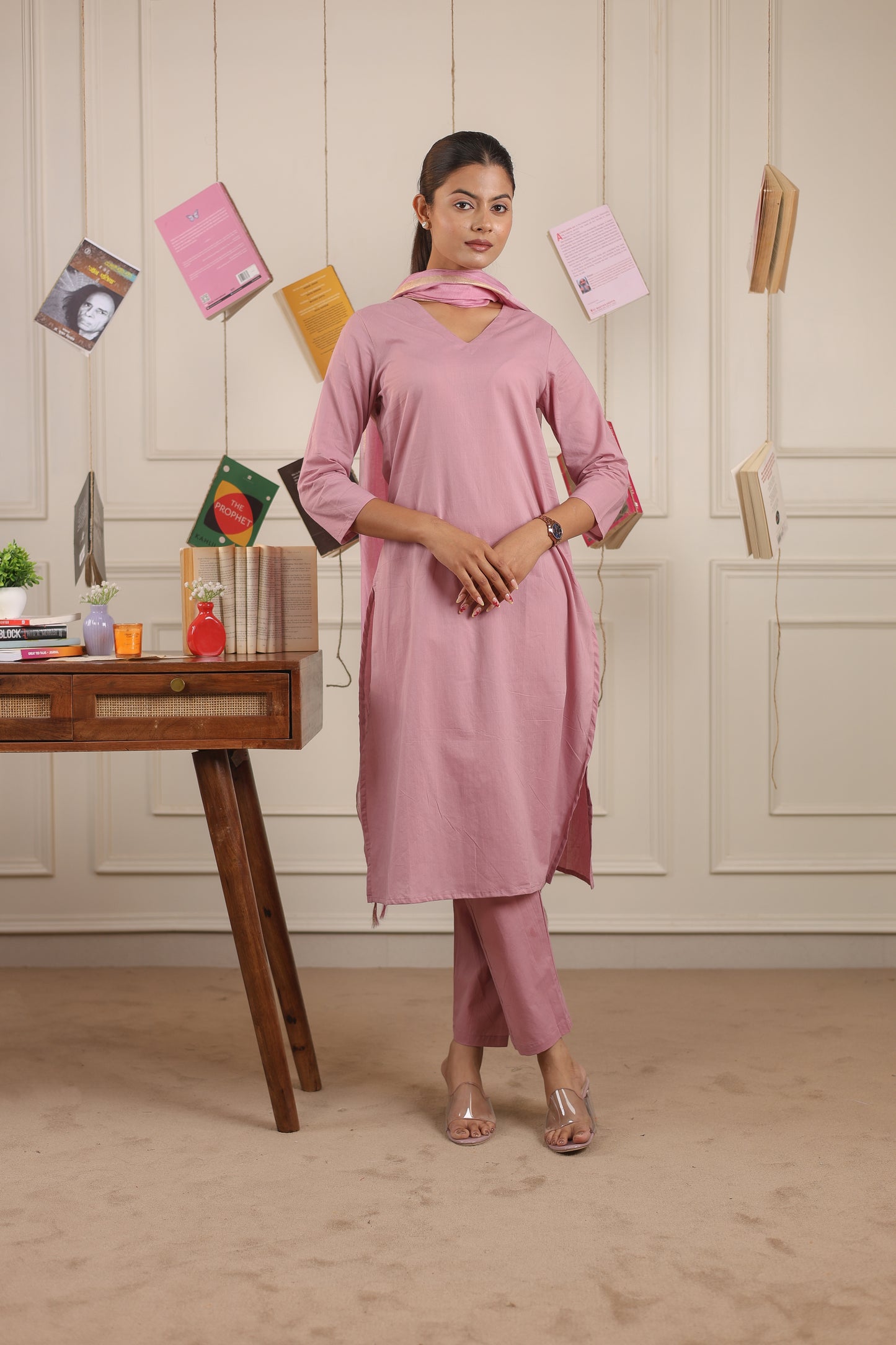 Cotton V-Neck Kurta Set with Chanderi Dupatta