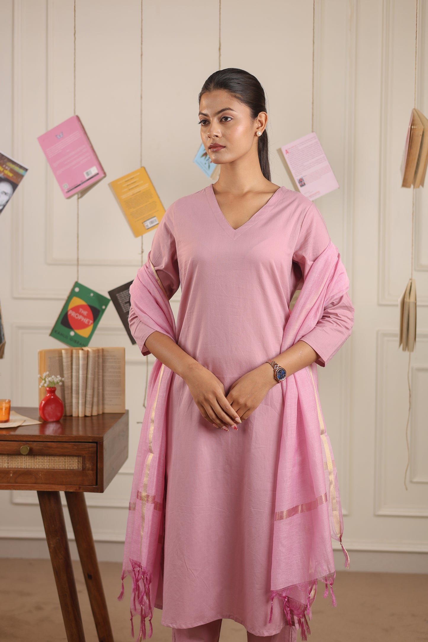 Cotton V-Neck Kurta Set with Chanderi Dupatta