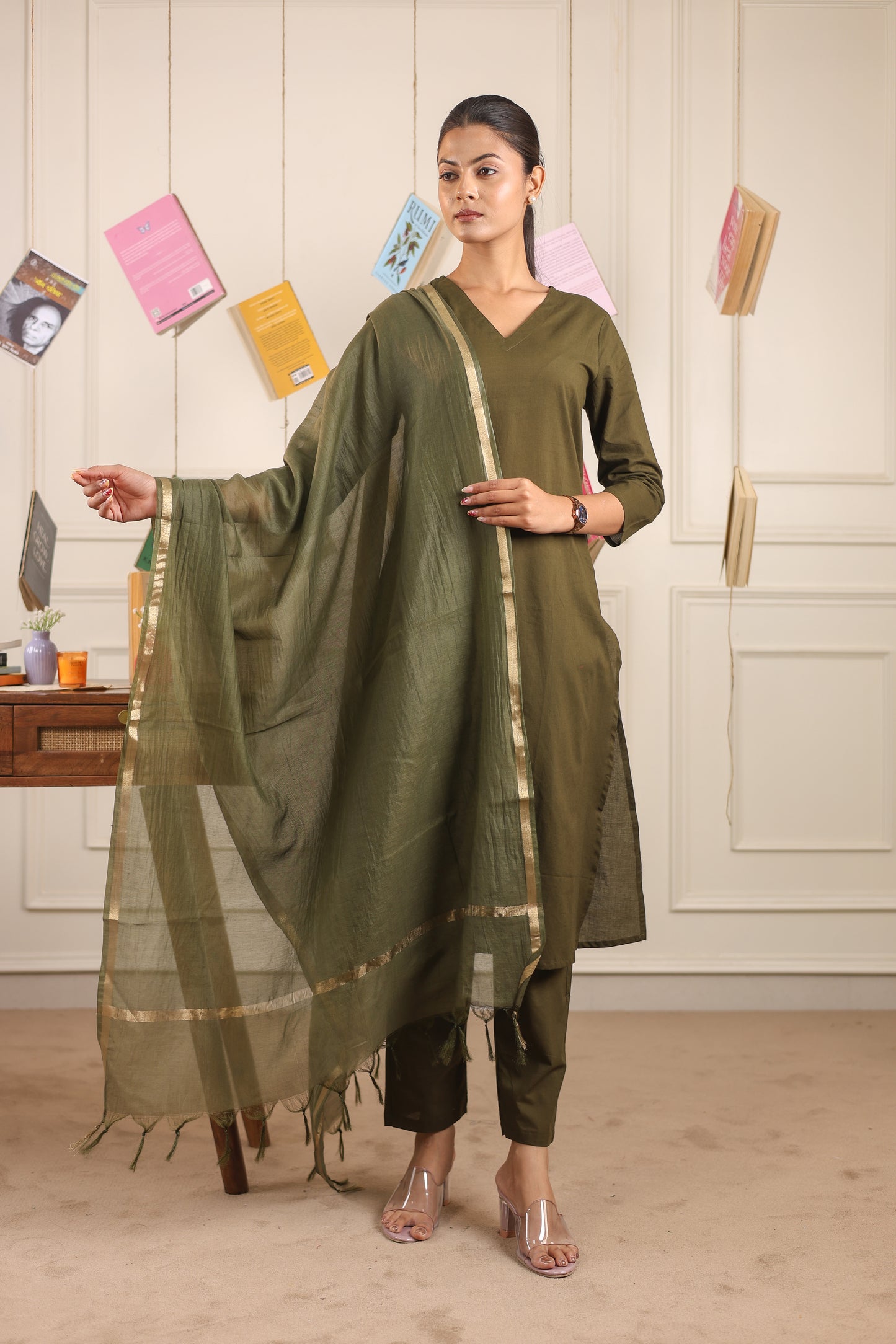 Cotton V-Neck Kurta Set with Chanderi Dupatta