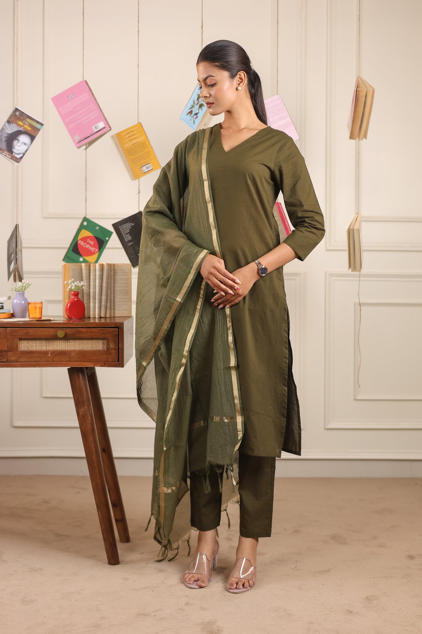 Cotton V-Neck Kurta Set with Chanderi Dupatta