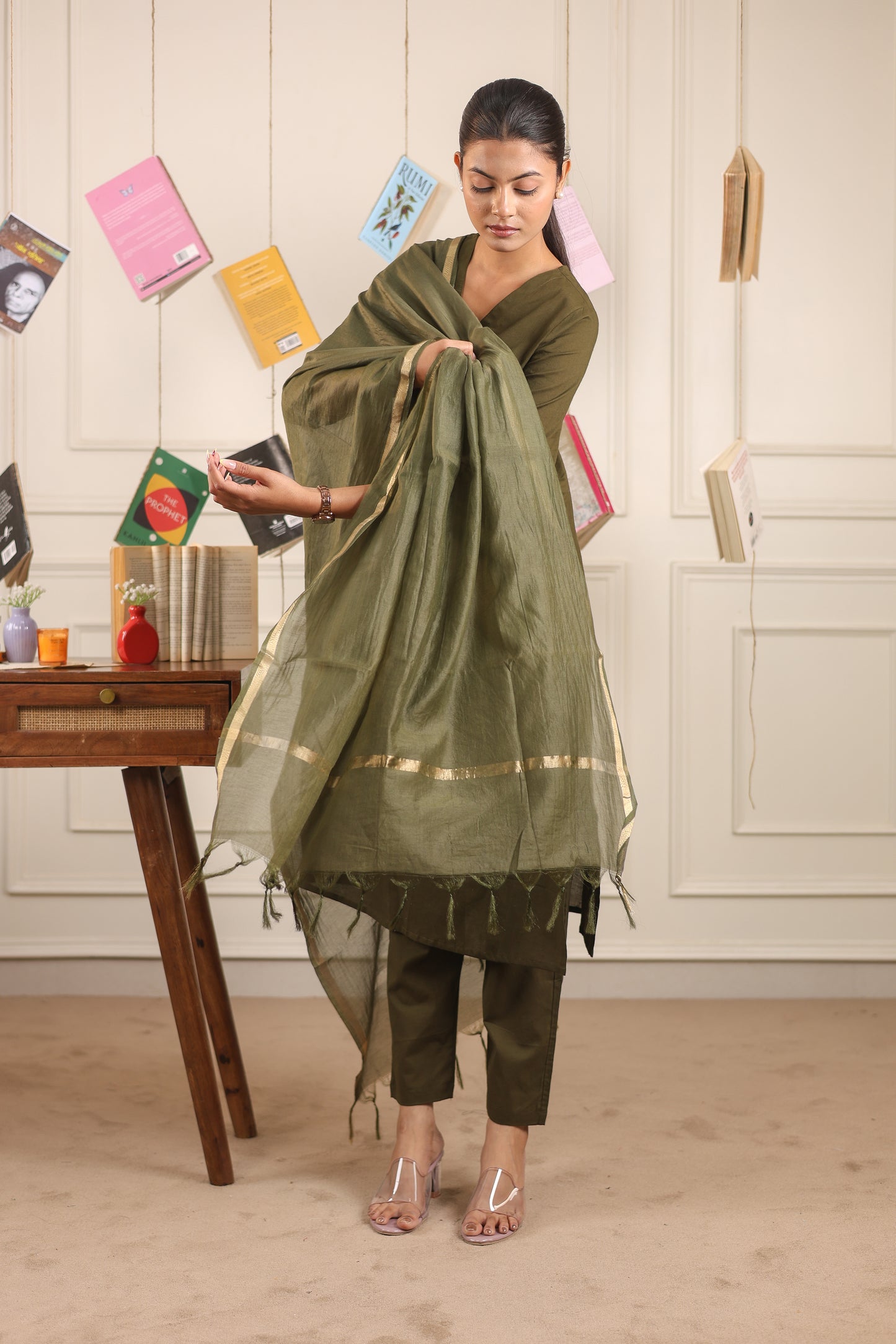 Cotton V-Neck Kurta Set with Chanderi Dupatta